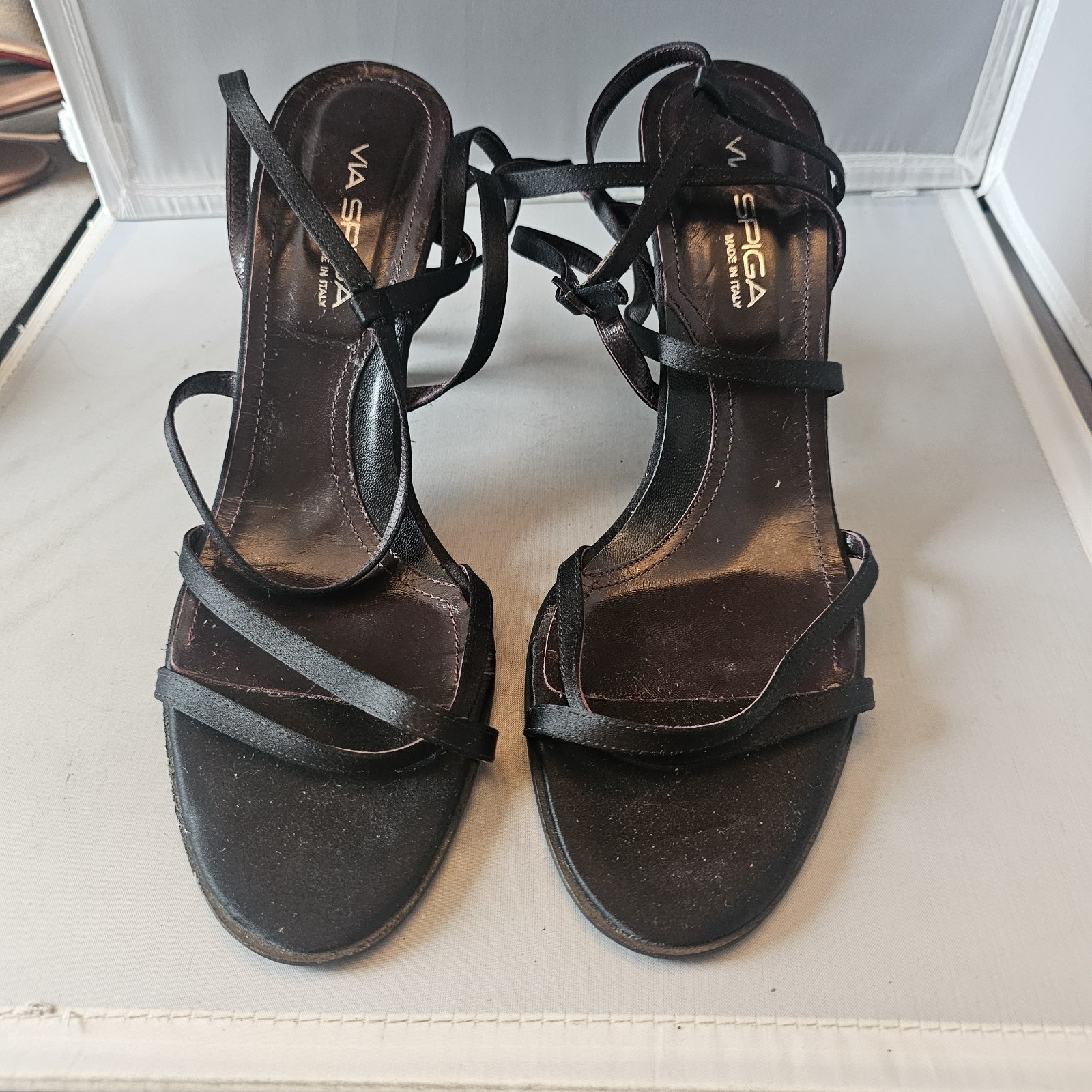 Via Spiga Womens Suede 3.75″ High Heels Black Size 11 M Open Toe with Straps