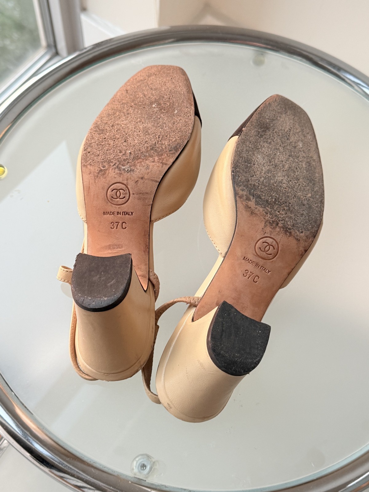 Chanel Leather Slingback Shoes Flats Heels Size EU37 Beige/Black