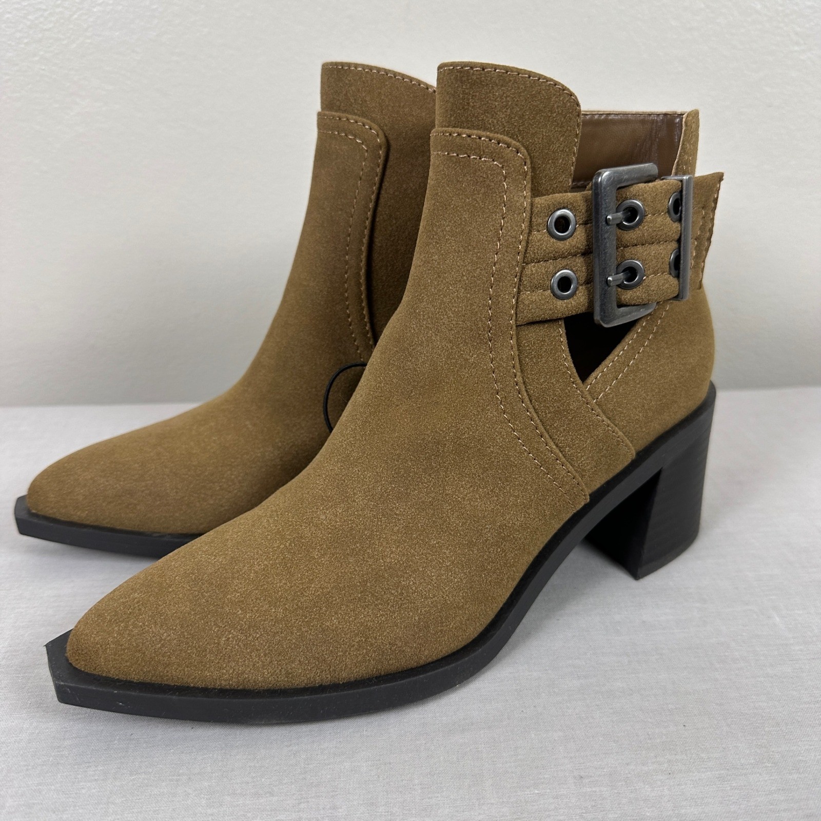 a.n.a Women’s 6 Shadow Ankle Boots Tan Suede Buckle Cutout Block Heel Booties
