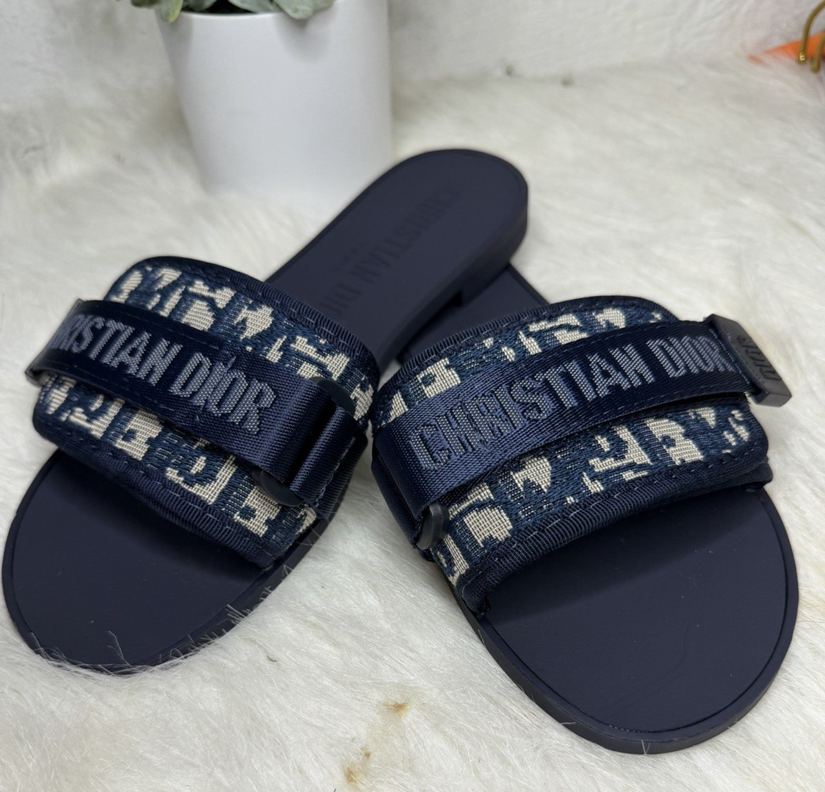 Dior Blue Logo Slide Sandals Women’s Slip On Cotton Casual Spring/Summer US 9