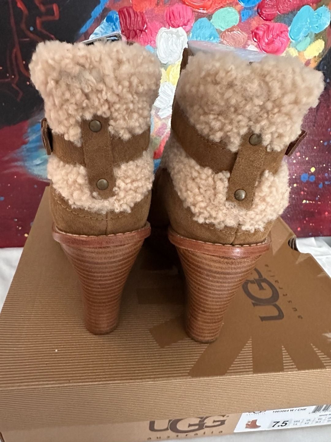 UGG Anais Chestnut Suede Shearling Wedge Ankle Boots Size 7.5