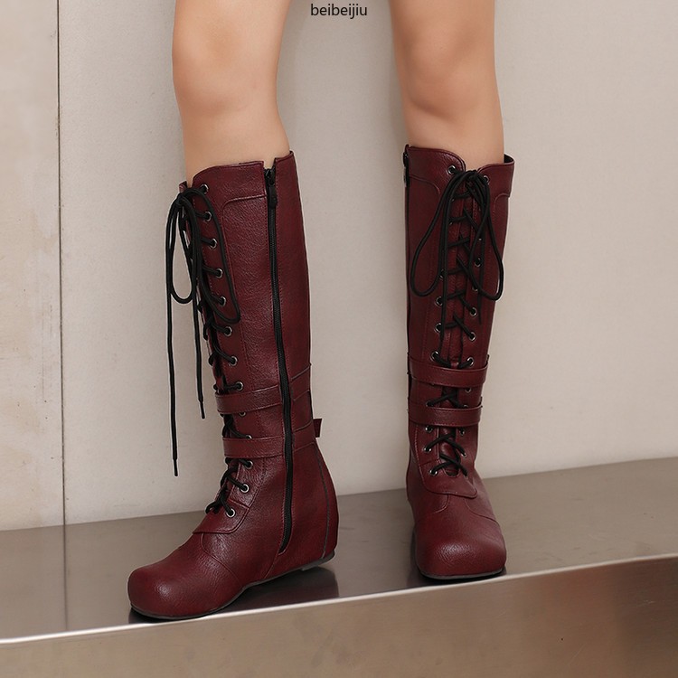 Women’s Mid Calf Hidden Wedge Heel Boots Lace Up Buckle Casual Shoes 48/49/50