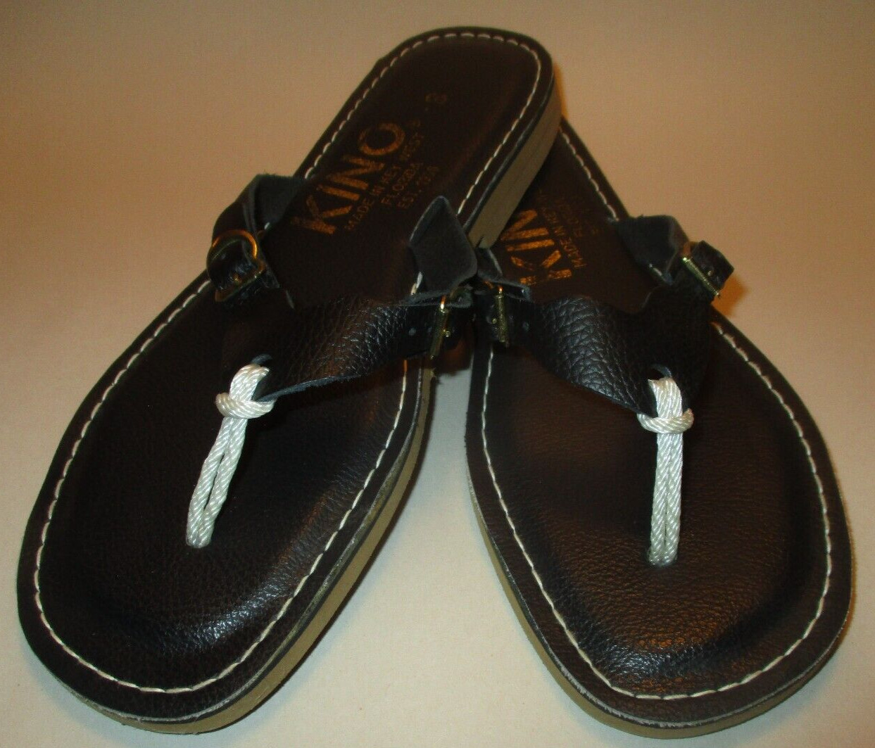 KINO Womens 8 Key West,Florida Navy Blue Leather Adjustable Strap Flip Flops