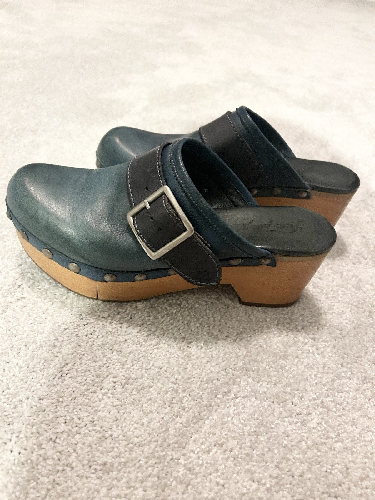 Free People Culver City Clogs Teal Blue Leather Wood Platform Buckle Studded 9