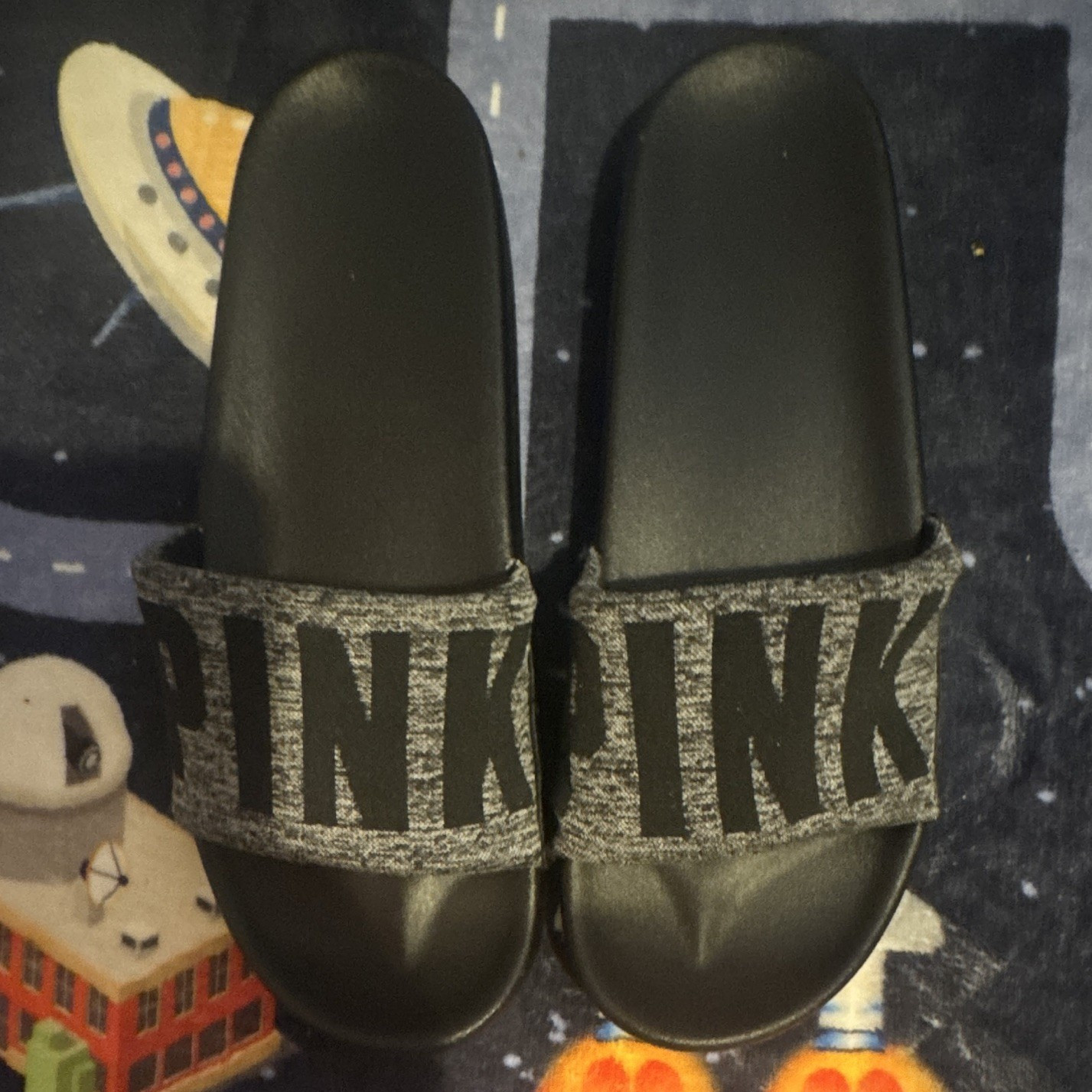 PINK Women’s Logo Strap Slide Sandals Slip-On Black/Gray Size medium