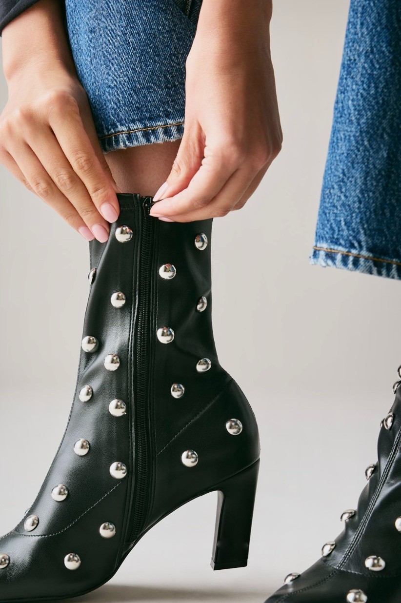 Anthropologie Maeve Studded Stretch Ankle Boots Black Silver Studs 37/ 6-6.5 NIB