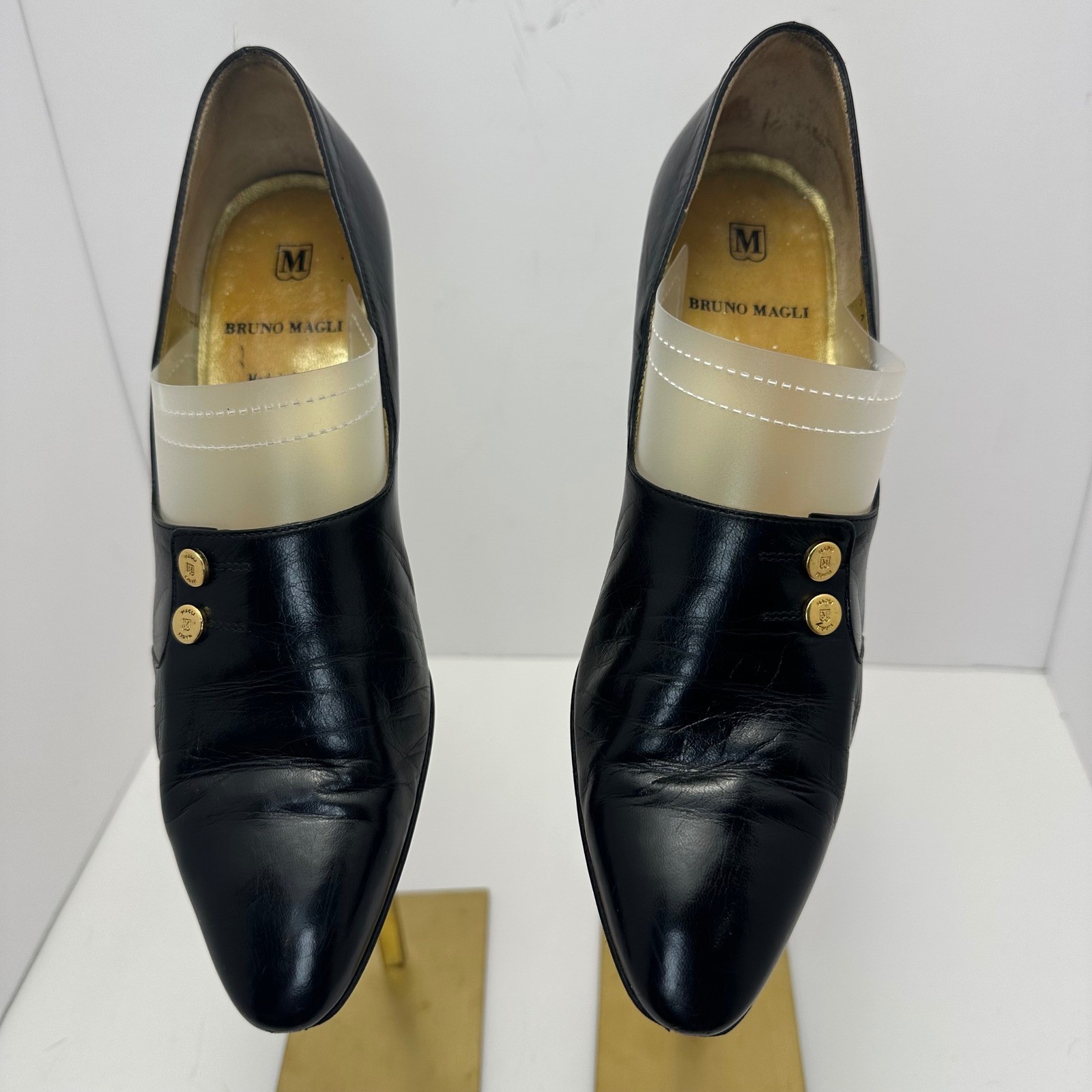Bruno Magli Black Leather Pointed Toe Block Heel Loafers Made in Italy SZ 8 AAA