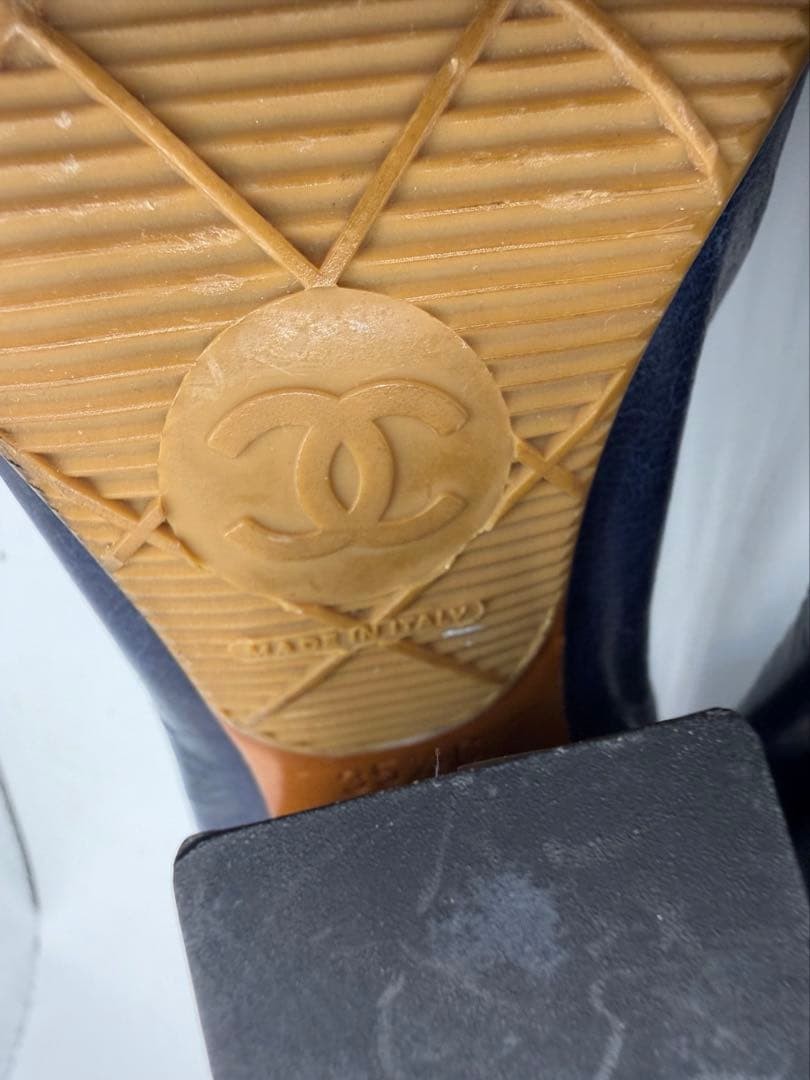 CHANEL Leather Pumps Navy 22.5cm G26185 Classic Coco Mark Design