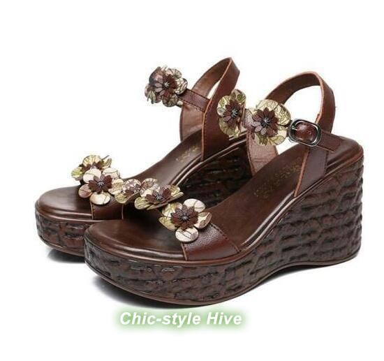 Women Floral Casual Retro Platform Wedge Heels Peep Toe Fashion Sandals Shoes