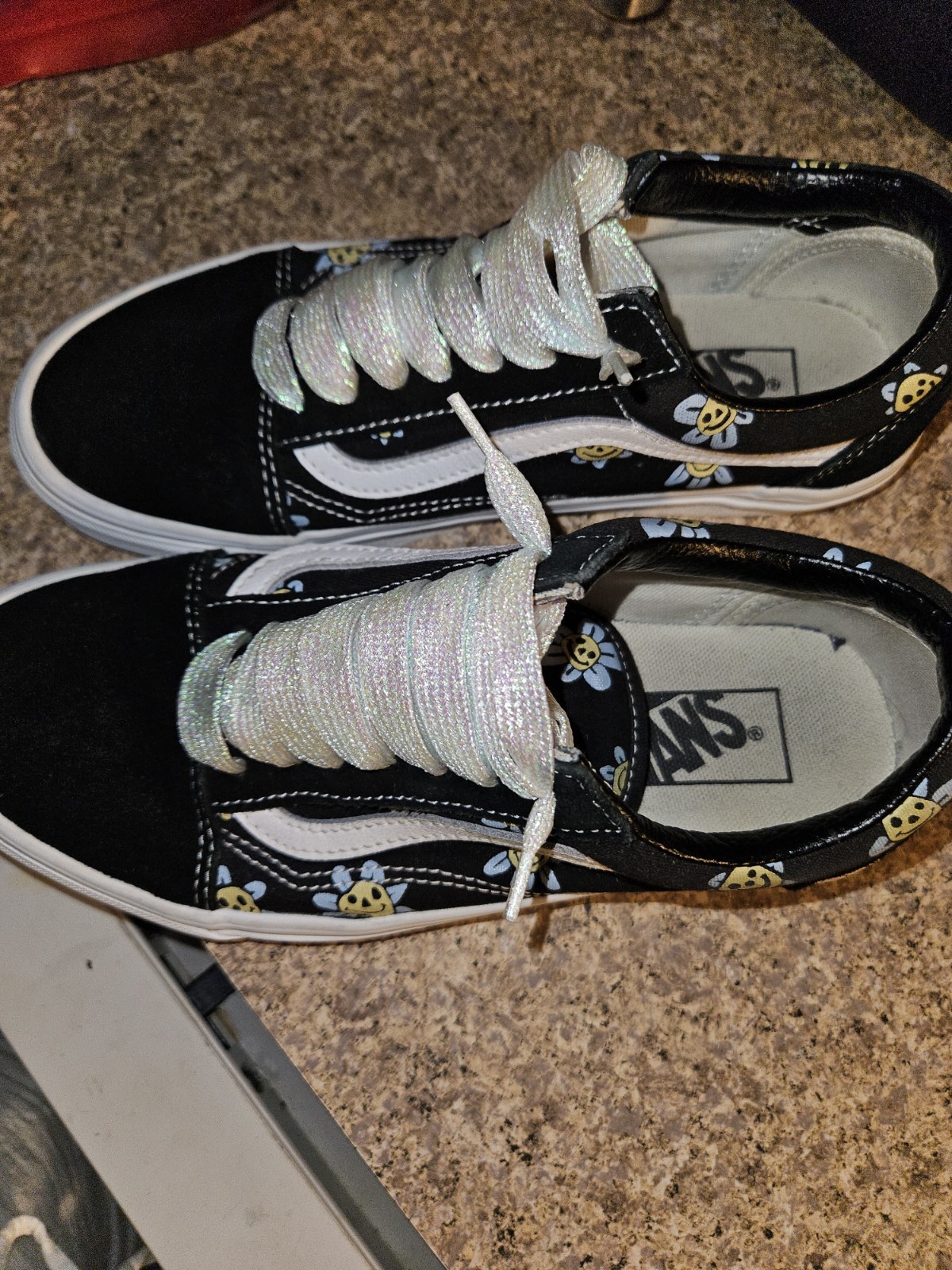 Size 7.5 – VANS Old Skool Black With Yellow And Blue Smiley Face Flowers