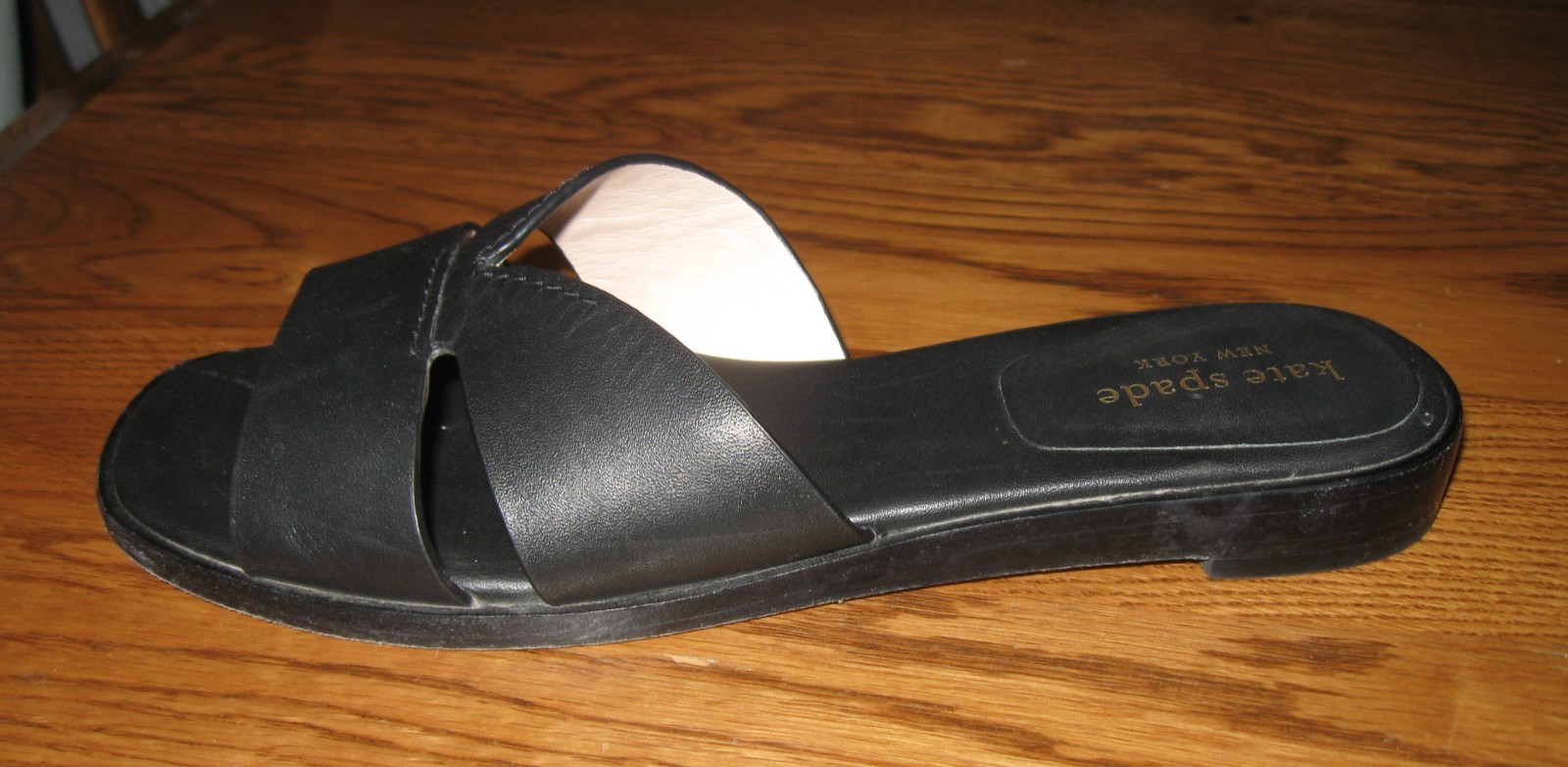 kate spade new york DOCK Black Leather Slide Sandals Logo Slip On Women US 5.5 B