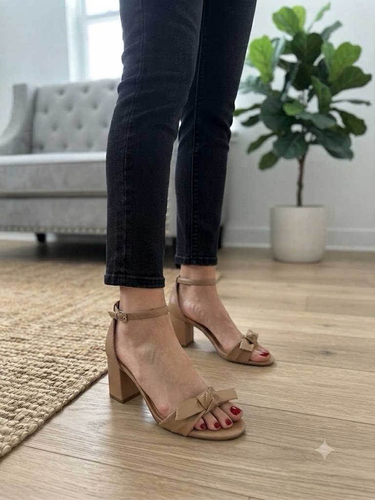ON 34TH Beige Strappy Ankle Strap Bow Open Toe Block Heel Sandals 7.5