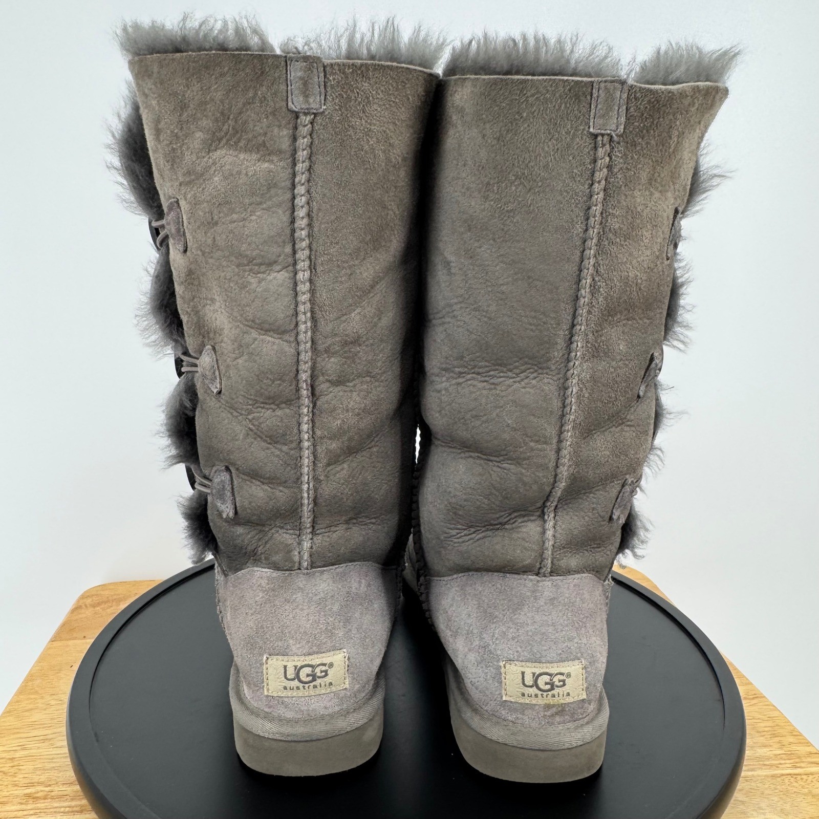 UGG Australia Bailey Button Triplet Grey Sheepskin Suede Tall Boots 1873 Size 8