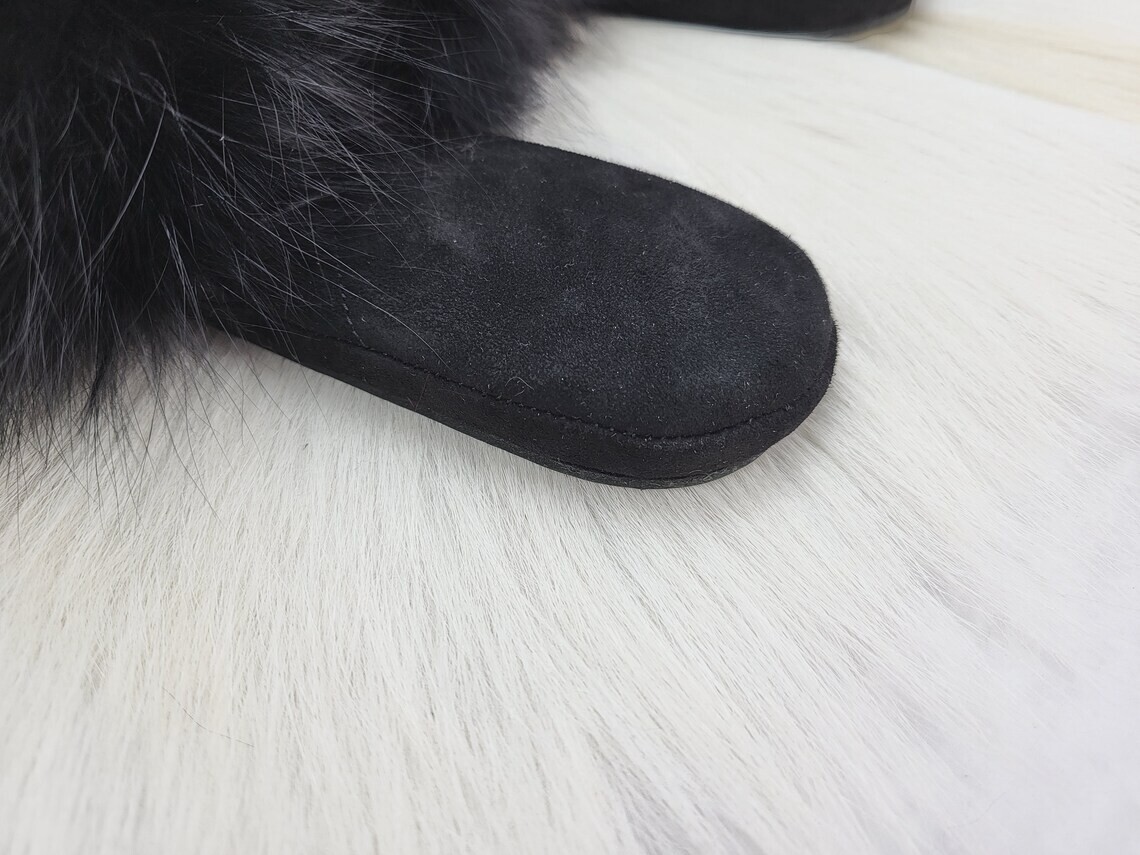 Women black fox fur leather house slippers Open toe home shoes Gift for women