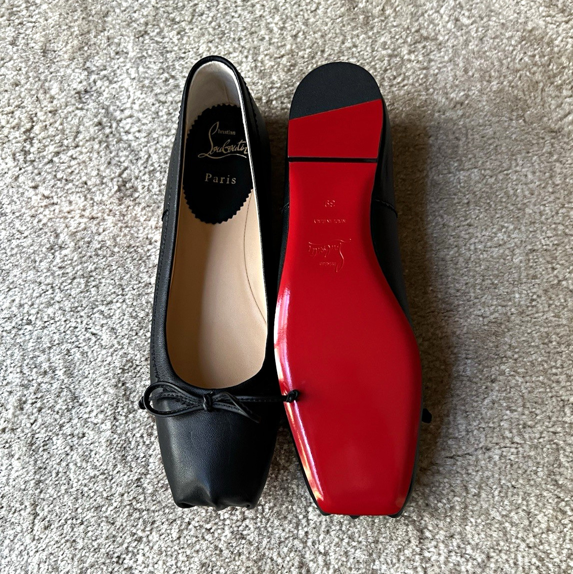 Christian Louboutin Women’s Black Leather Bow Ballet Flats Square Toe 8.5 NWOB