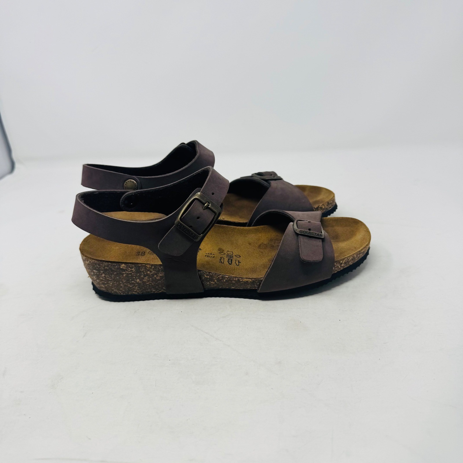 Goldstar Wedge Sandals Brown Size 38 Leather Cork Made in Italy Comfort Boho