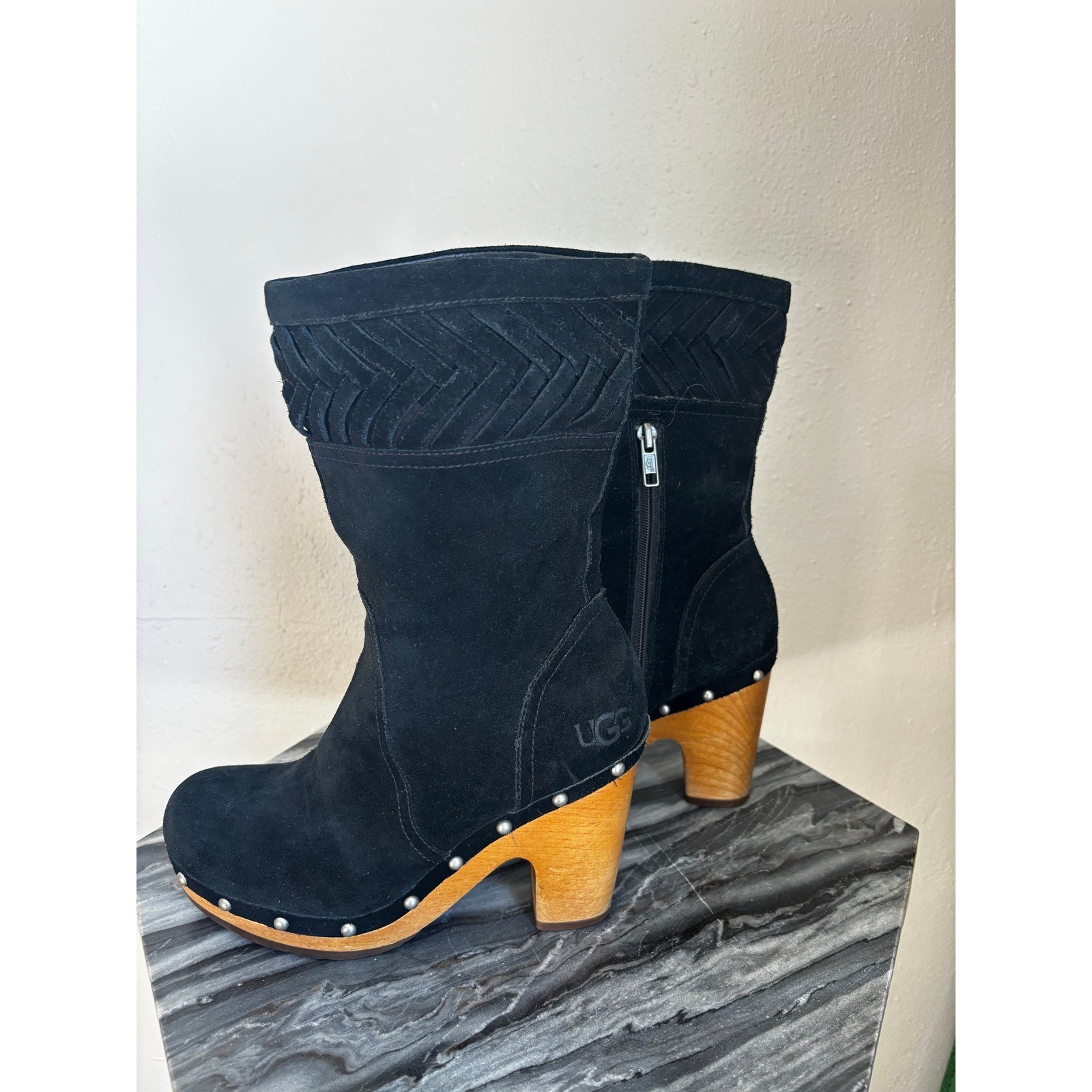 UGG Australia Black Suede Woven Clog Boots Wooden Block Heel Studded 7 Annaliza