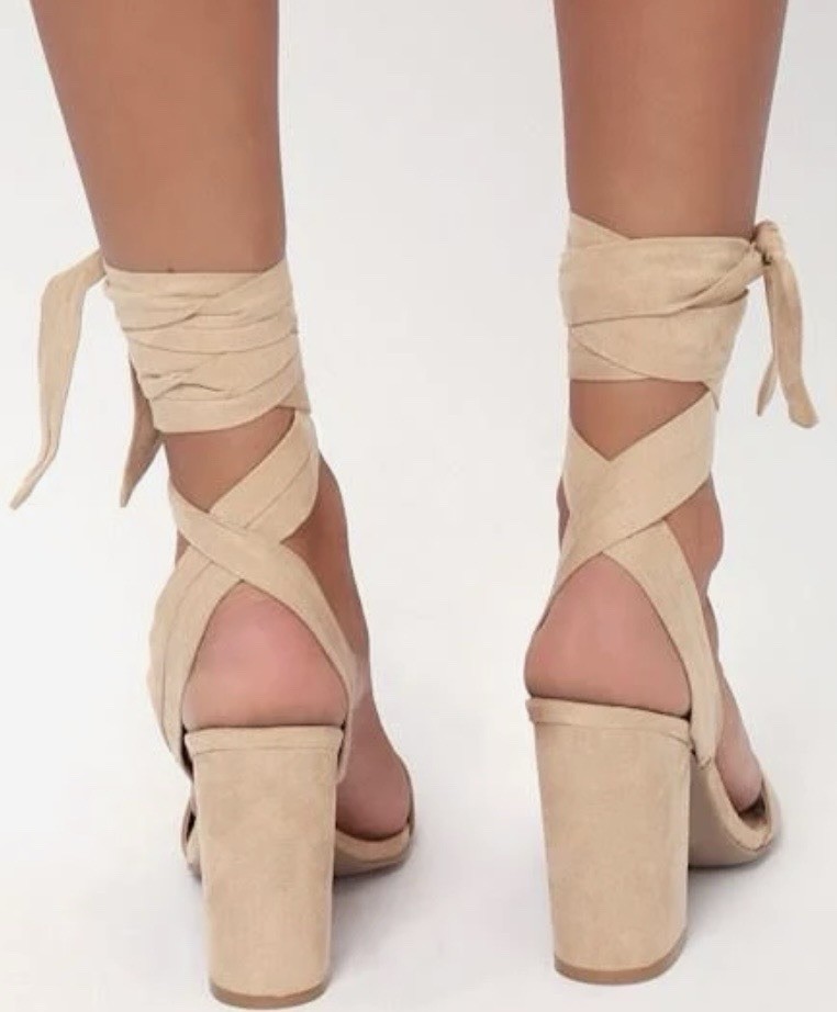 Size 7.5 Women’s Lulus Alta Light Nude Suede Lace Up Block Heel Sandals Boho