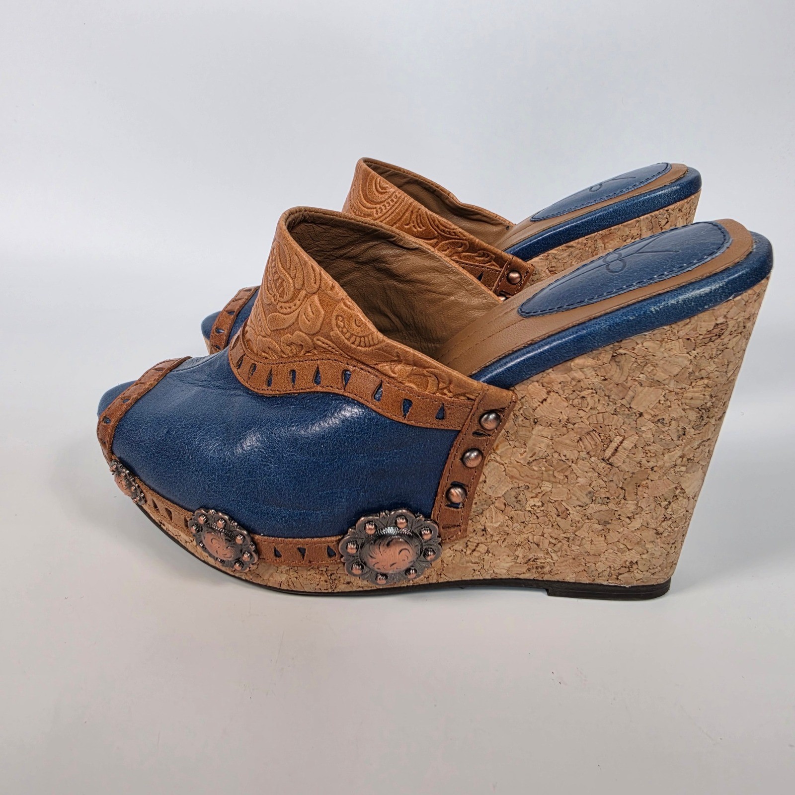 Y2K Saddle Up Wedge Mule Sandals Women’s 6 Blue Cork Western Concho