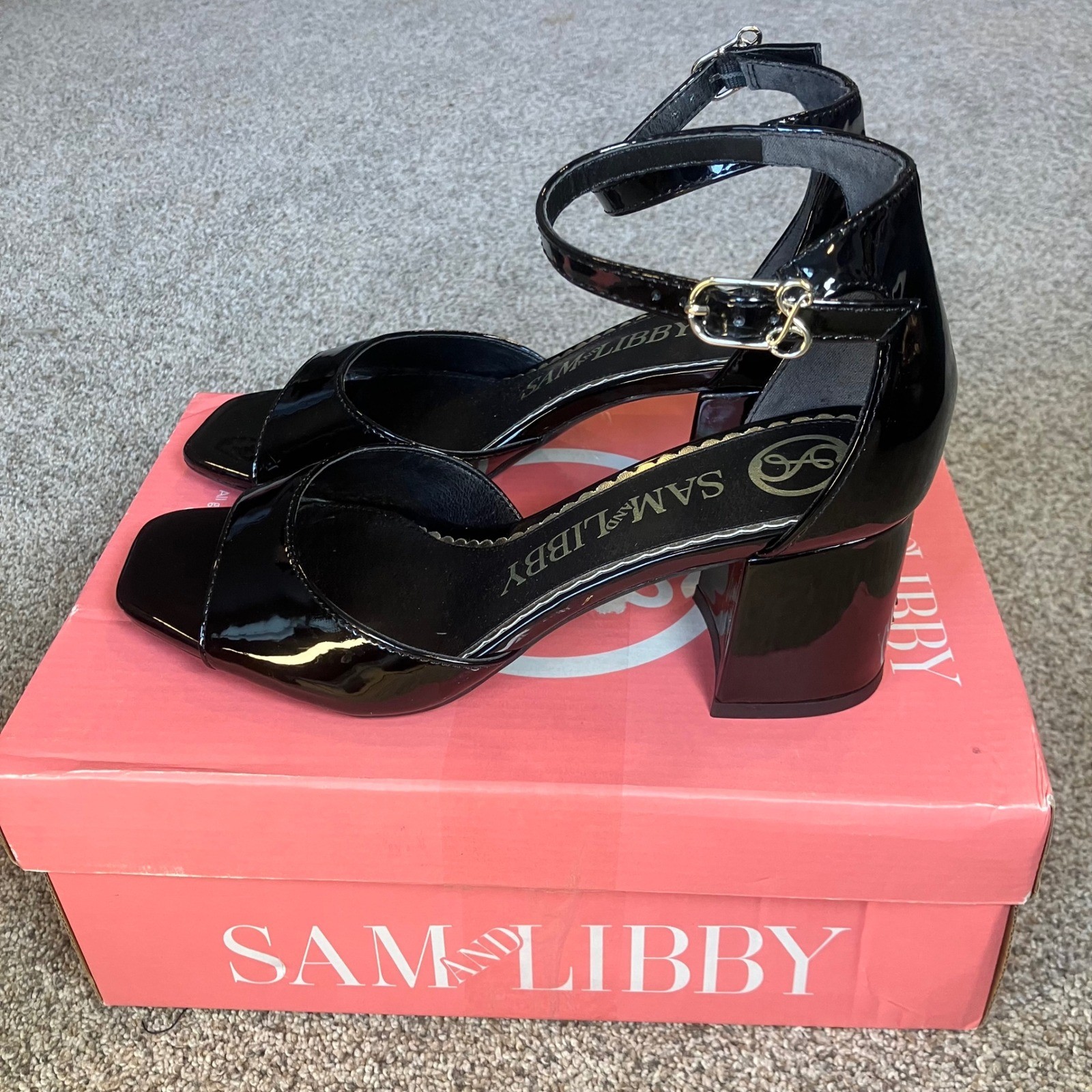 Sam and Libby Leanne Black Patent Block Heel Ankle Strap Sandal 6.5 NIB Orig $70