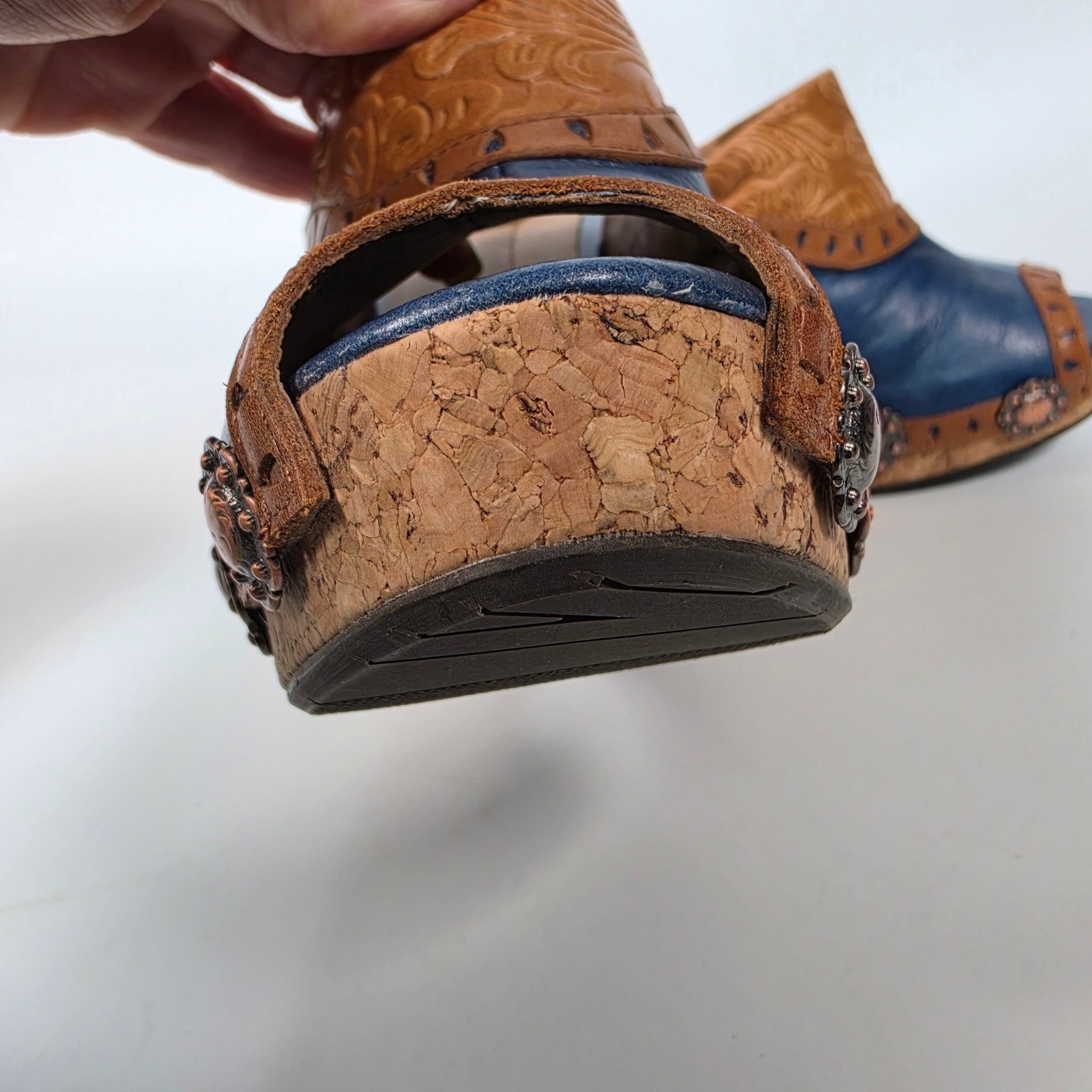 Y2K Saddle Up Wedge Mule Sandals Women’s 6 Blue Cork Western Concho