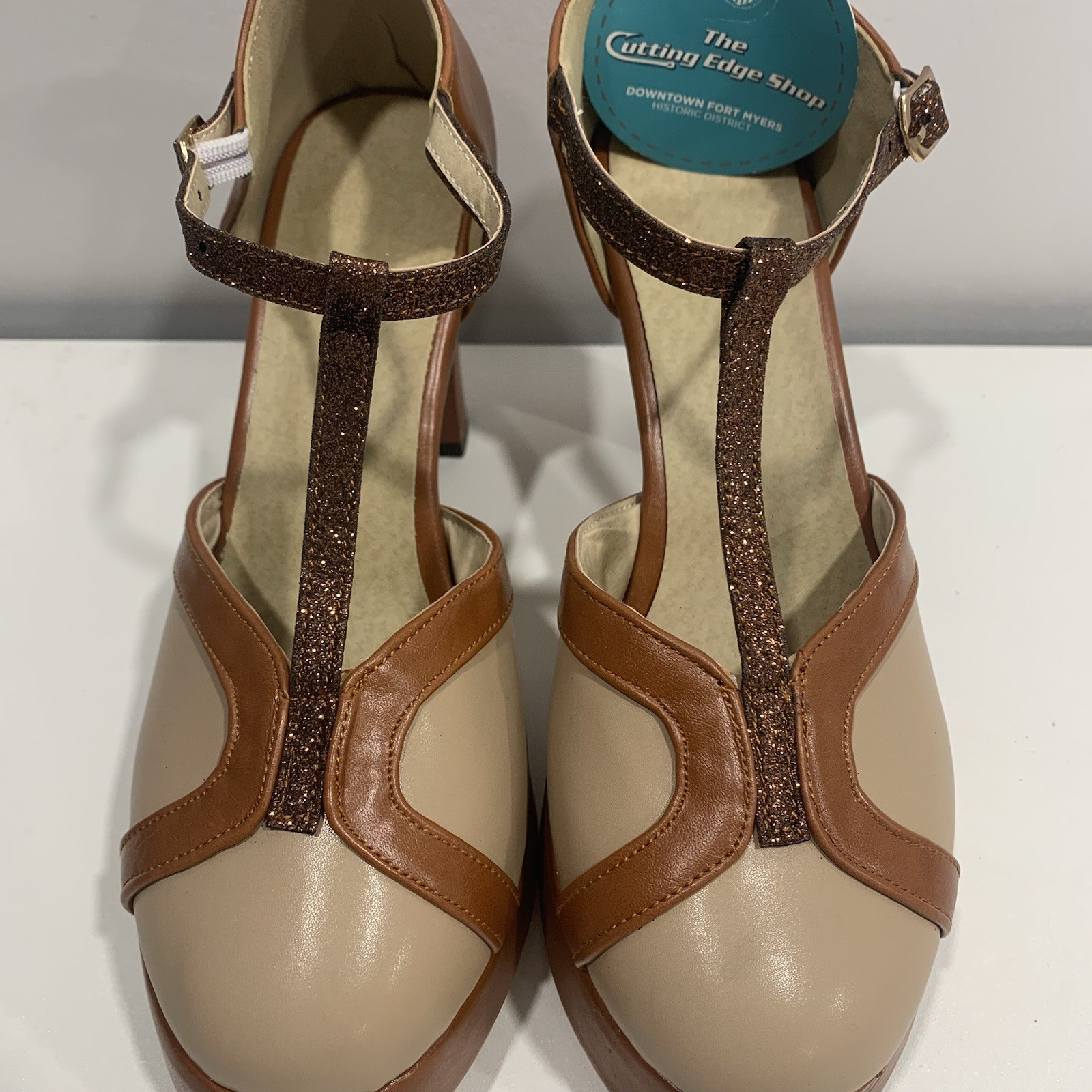 Chic Mary Jane Ankle Strap Block Heel Shoes Brown Women’s EU 38 US 7.5-8 Sparkle