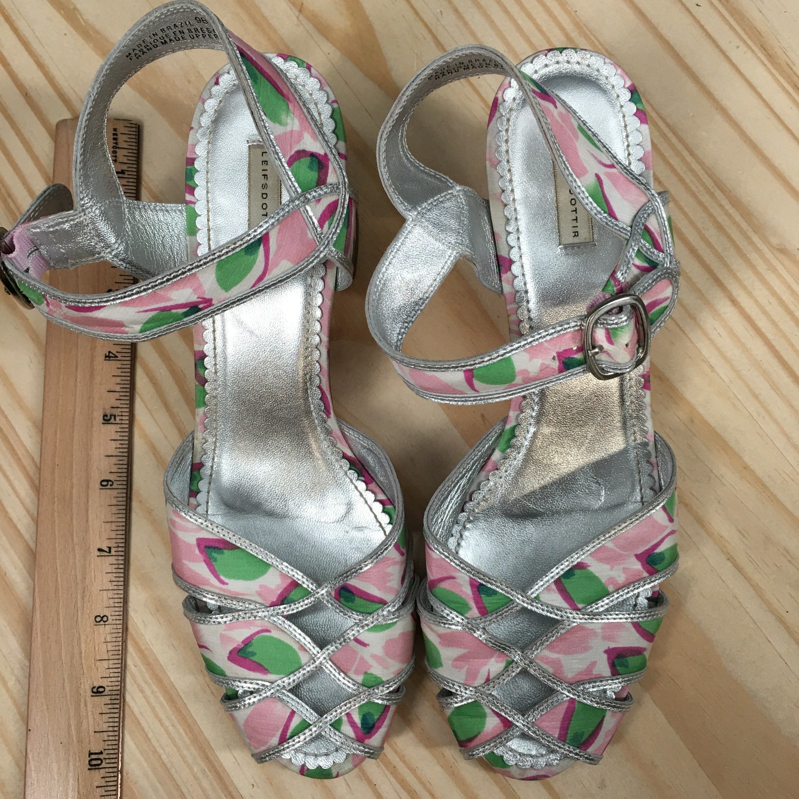 Leifsdottir Floral Strappy Block Heels Sandal Womens 9B Silver Metallic Casual