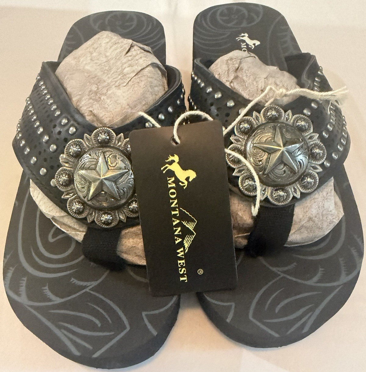 Montana West Women’s Leather Thong Wedge Sandals Western Studded Black 8 NIB