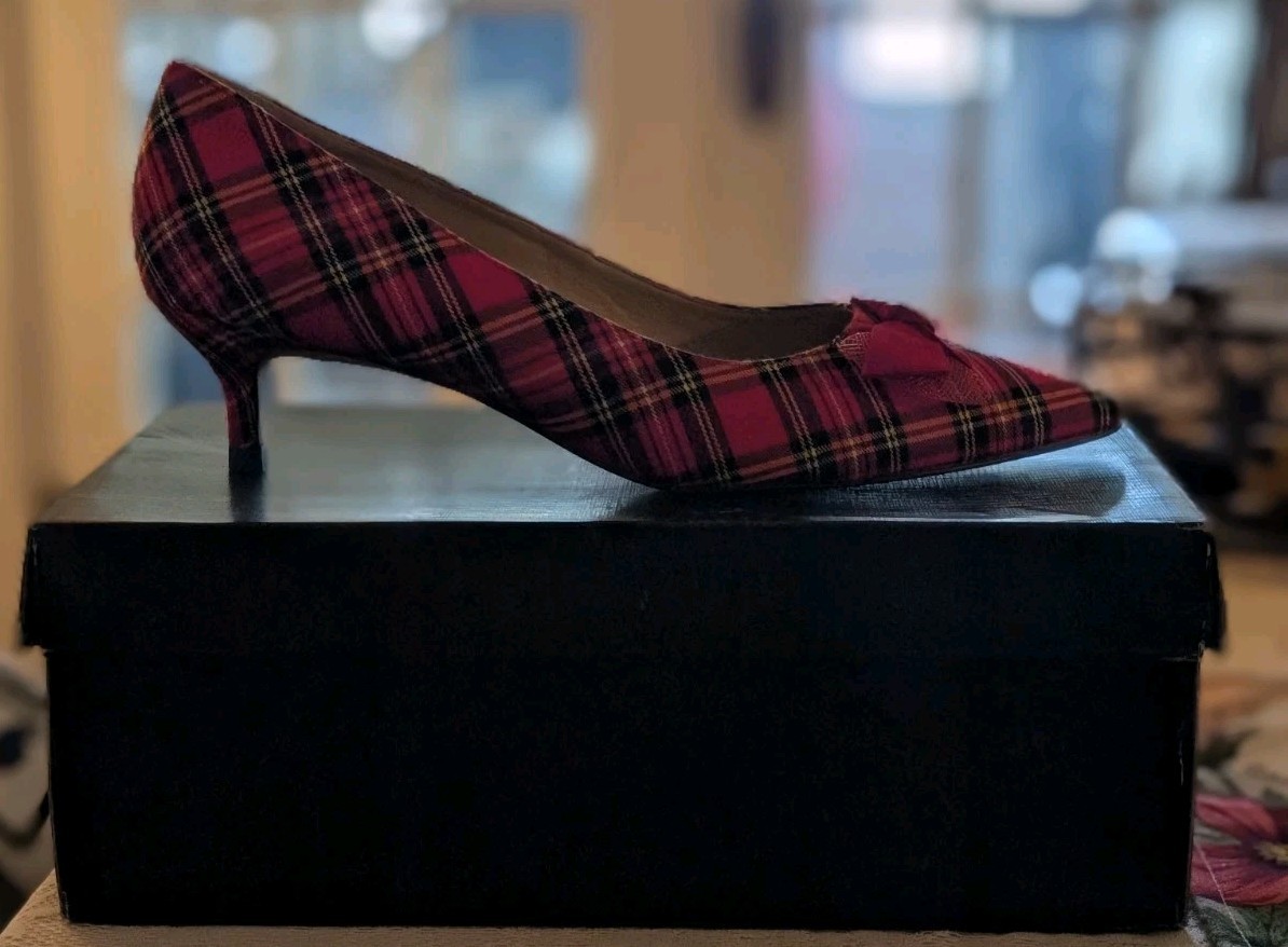 Talbots Red Multicolor Plaid Bow Pumps Kitten Heel Pointed Toe Fabric 9.5M