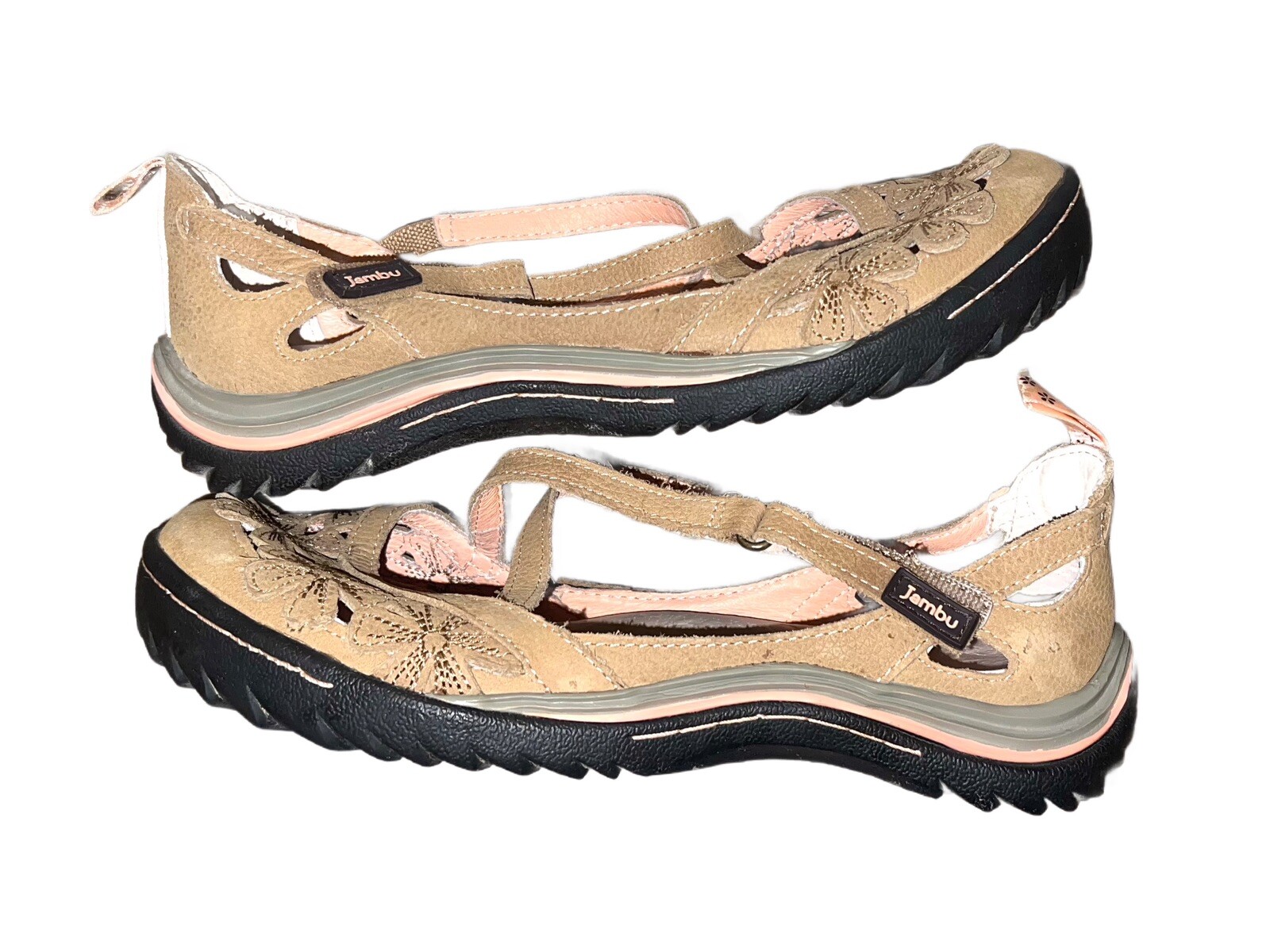 Jambu Women’s Blossom Encore Flats Shoes Tan Pink Flower Design Leather Sz 7