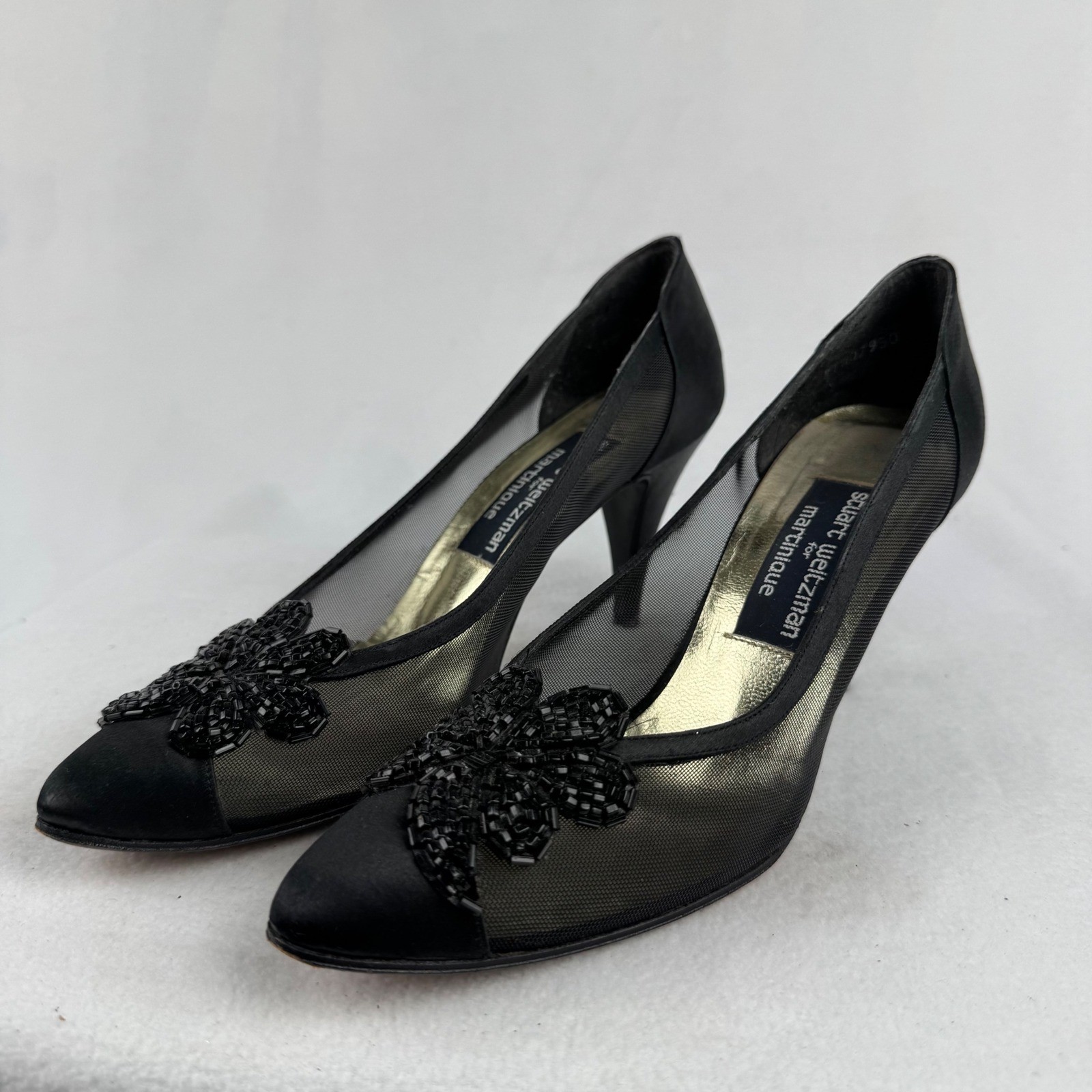 Stuart Weitzman for Martinique Black Mesh Beaded Flower Heels Pumps Sz 7.5SS