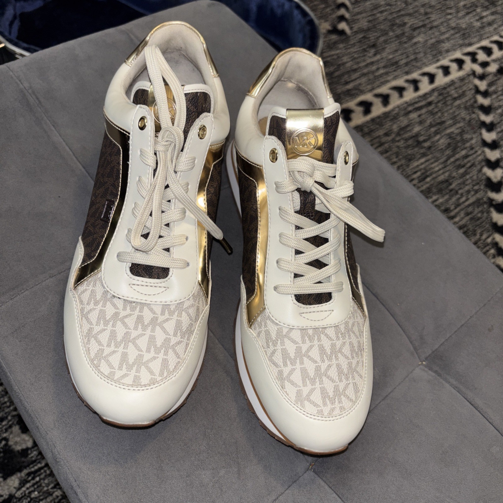 Michael Kors 2020 MADDY TRAINER White Brown Gold MK LOGO SNEAKERS 11M