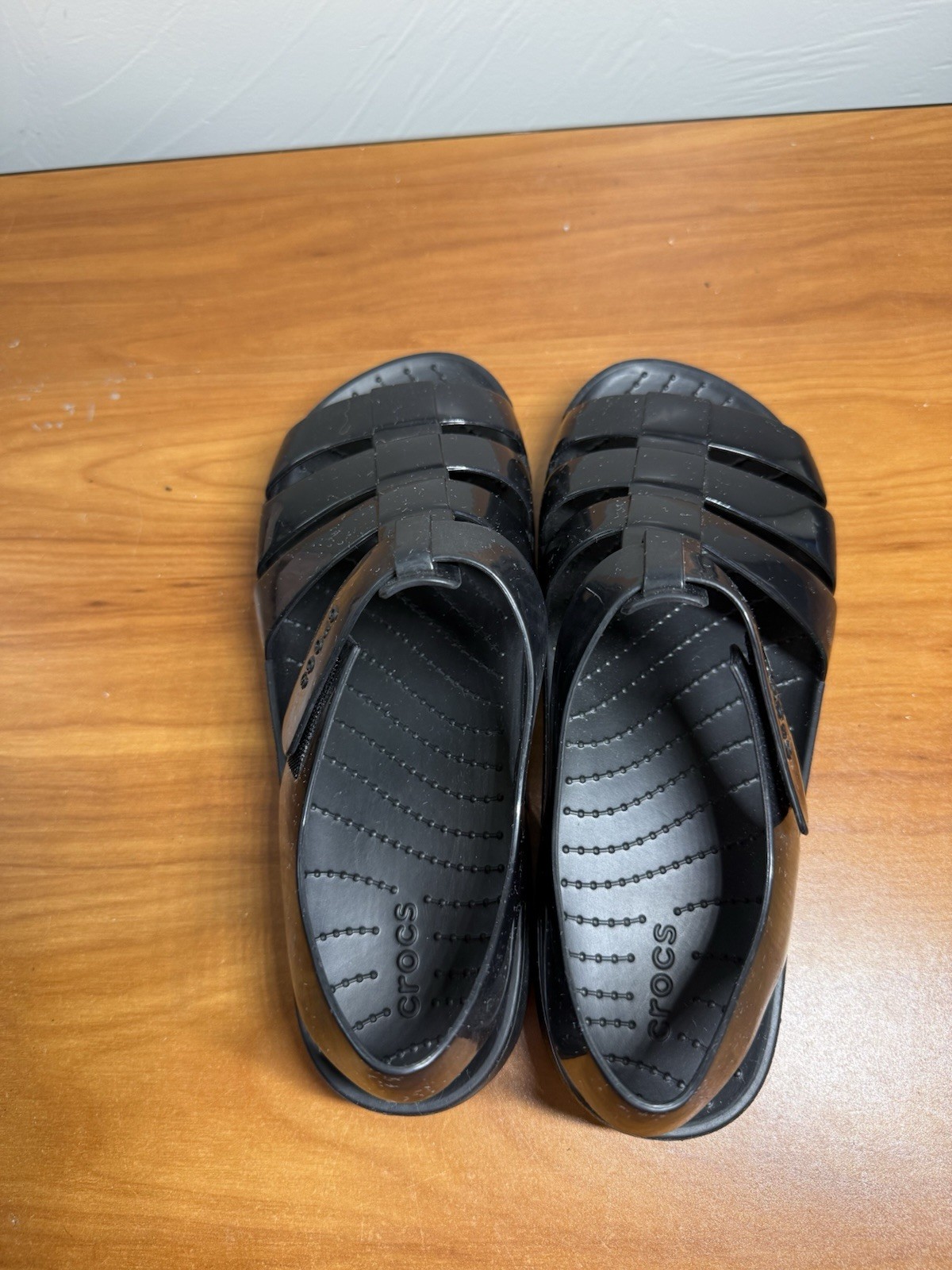 CROCS Splash Glossy Fisherman Womens J5/W7 Black Slingback Open Toe Sandals