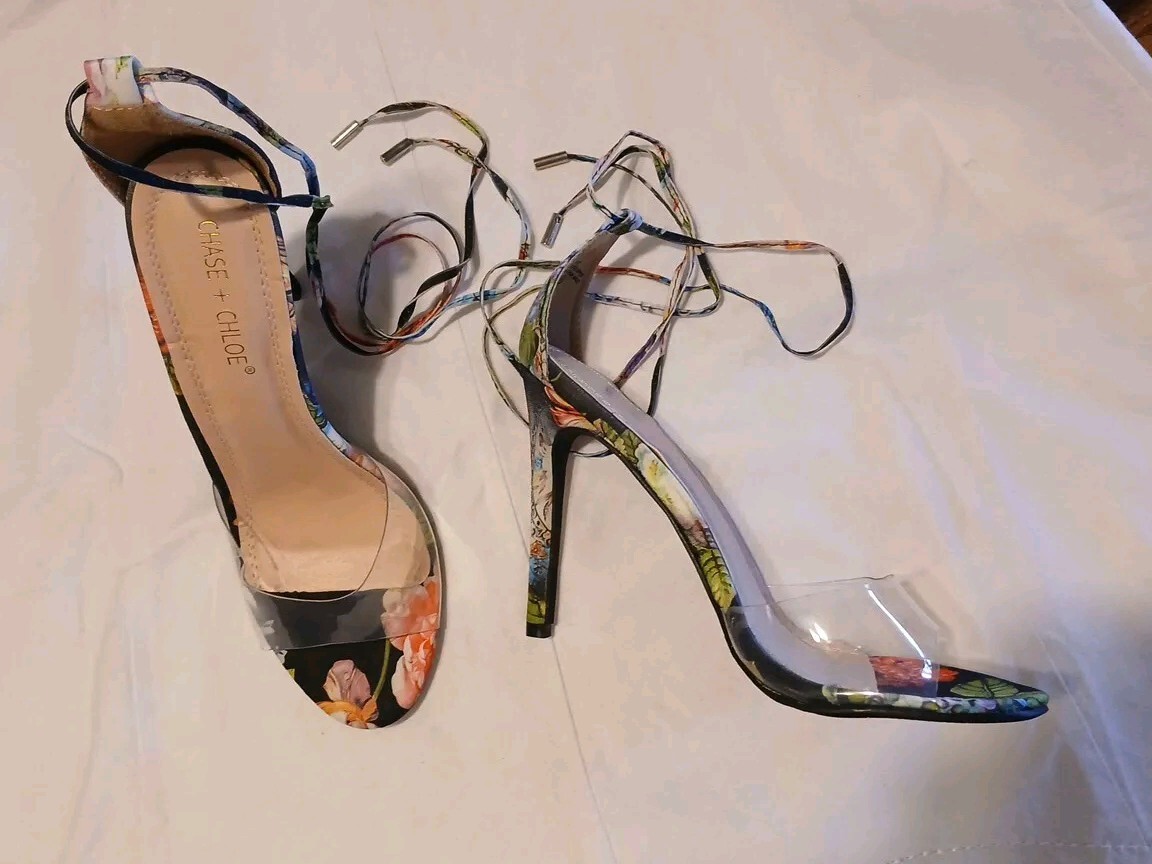 New W/Box Sz 9 Clear Toed Floral Black High Heels Garden Party Womens Shoes