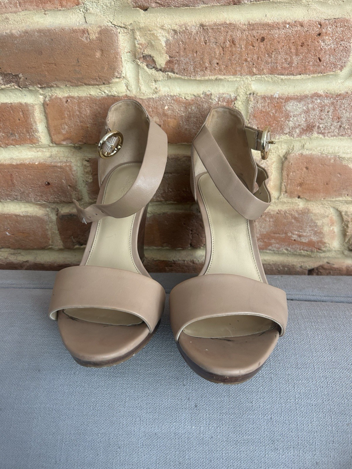 MICHAEL Michael Kors Women’s Beige/Brown Leather Wedge Sandals 9.5