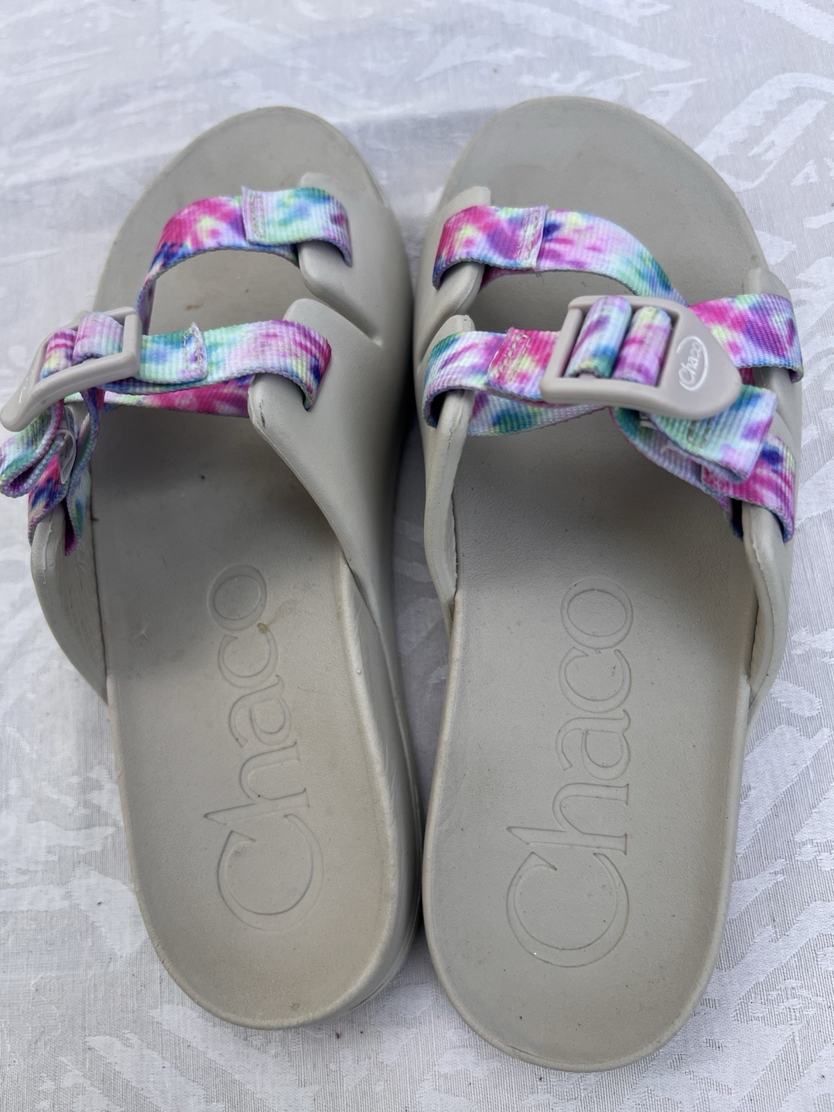 Chaco Women’s Gray/Multicolor Tie-Dye Slide Sandals Buckle Adjustable 6.5