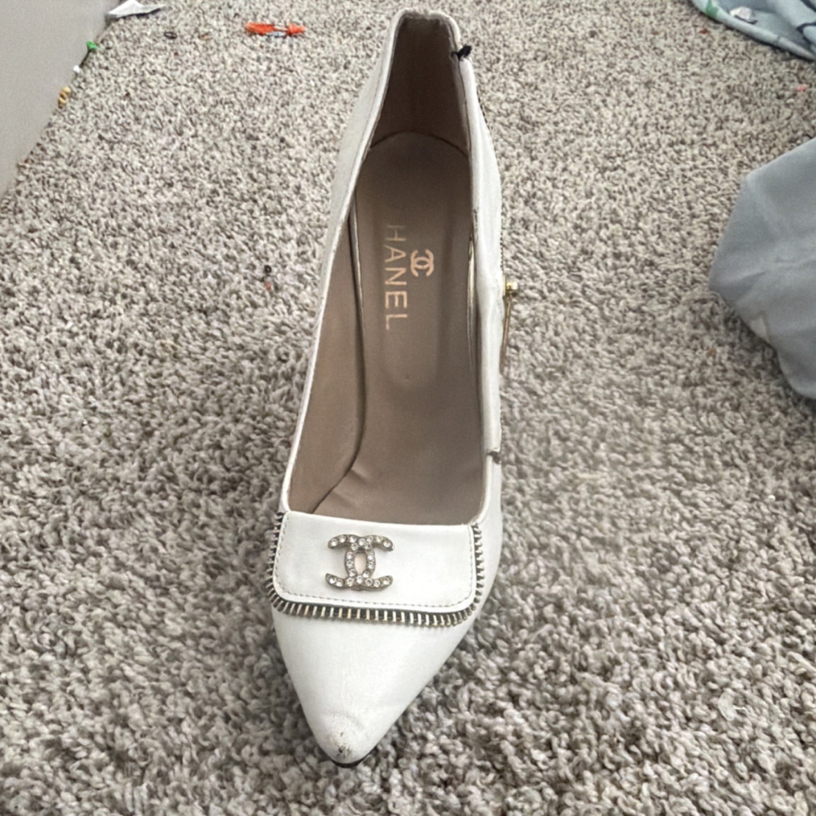 CHANEL White Leather Block Heel Pumps Zip Closure Logo Zipper Beaded Accents 38
