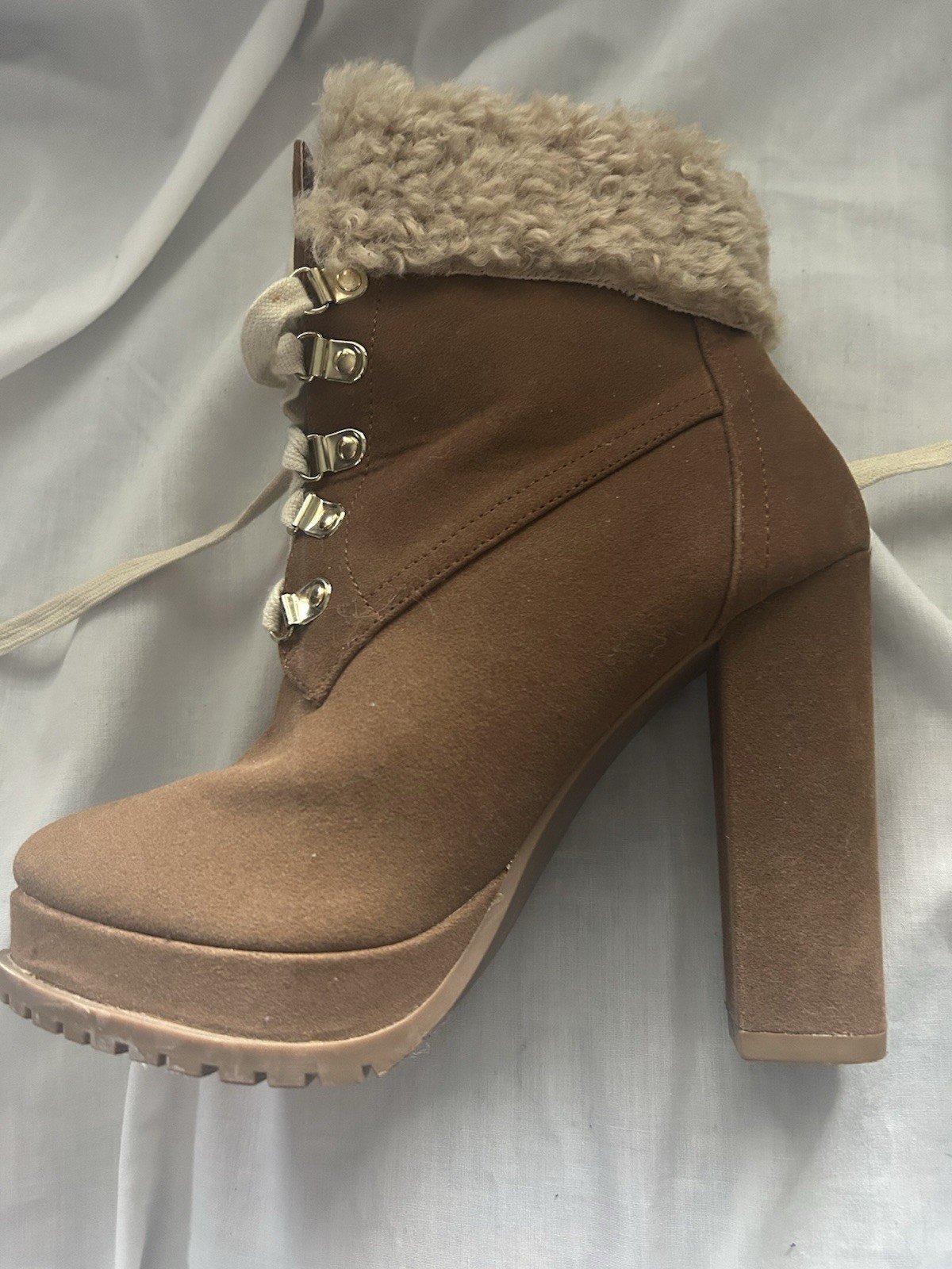 Women’s Shoedazzle Anneli Size 6 Cognac Furry Platform Lace Up Bloc Heel Bootie