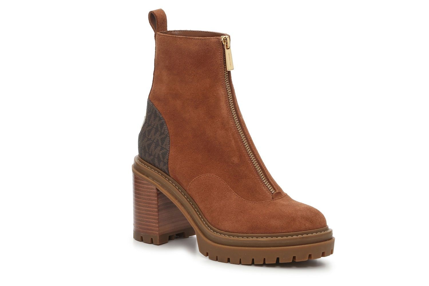 MICHAEL KORS CYRUS ICONIC COGNAC SUEDE MK LOGO LUG SOLE ANKLE BOOTS I LOVE SHOES