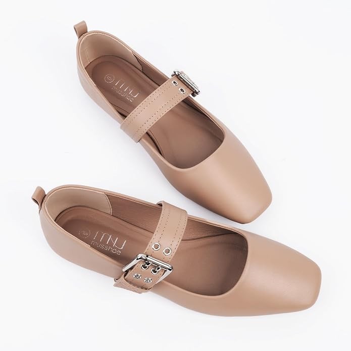 MUSSHOE Square Toe Mary Jane Flats: Comfortable Non-Slip Shoes w/ Strap