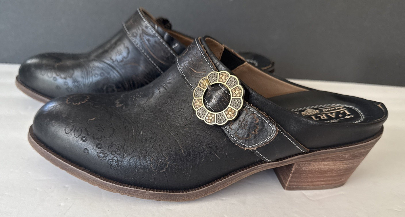 L’Artiste Spring Step Brown Hand Painted Floral Leather Clog Mule Size 42/US 11