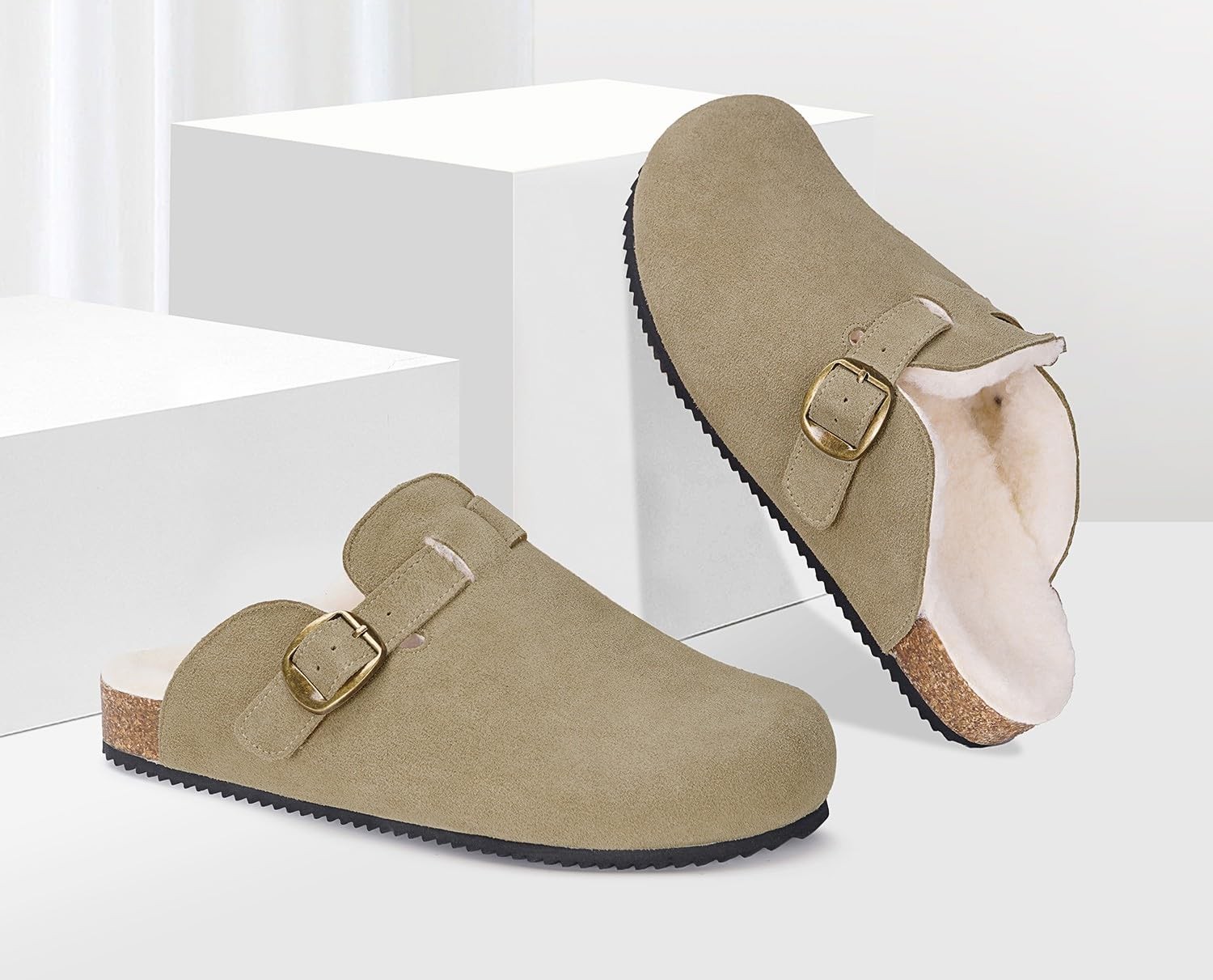 Mens Womens Fur Lined Clogs Suede Slip on Mules Warm 11 Women/10 Men, Beige