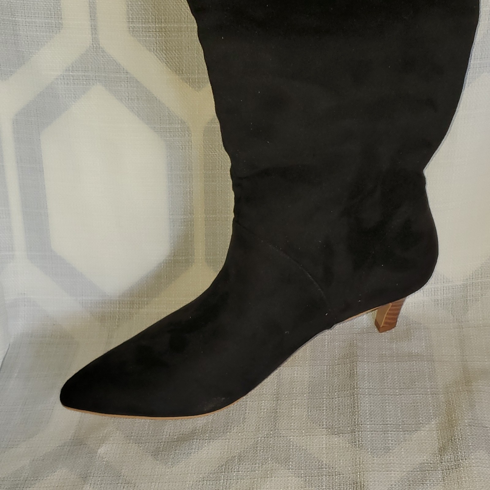 Coutgo Women’s Knee High Boots Black Pointed Toe Kitten Heel Pull On 8.5