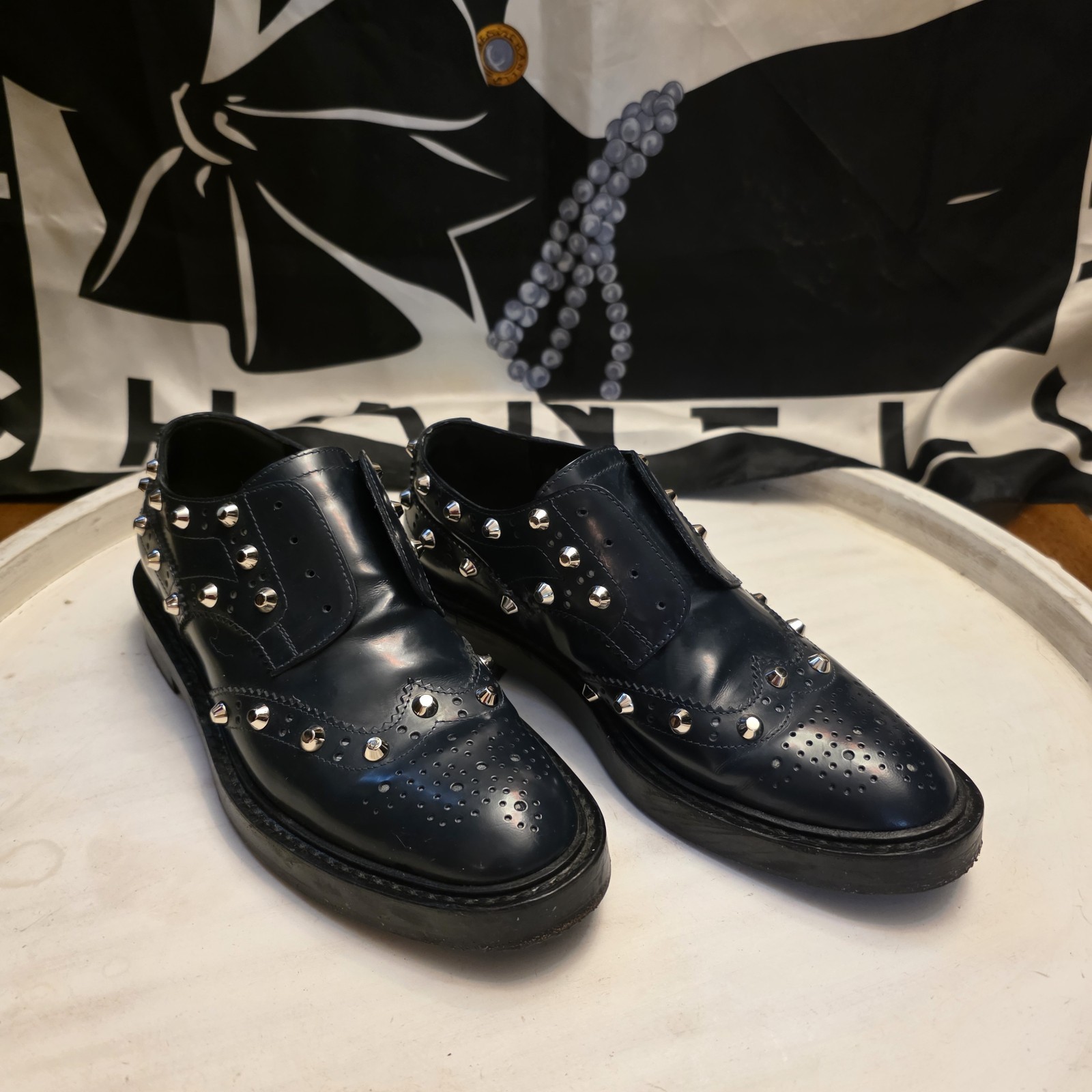 Balenciaga Women’s Black Leather Studded Slip On Loafers. Size 38