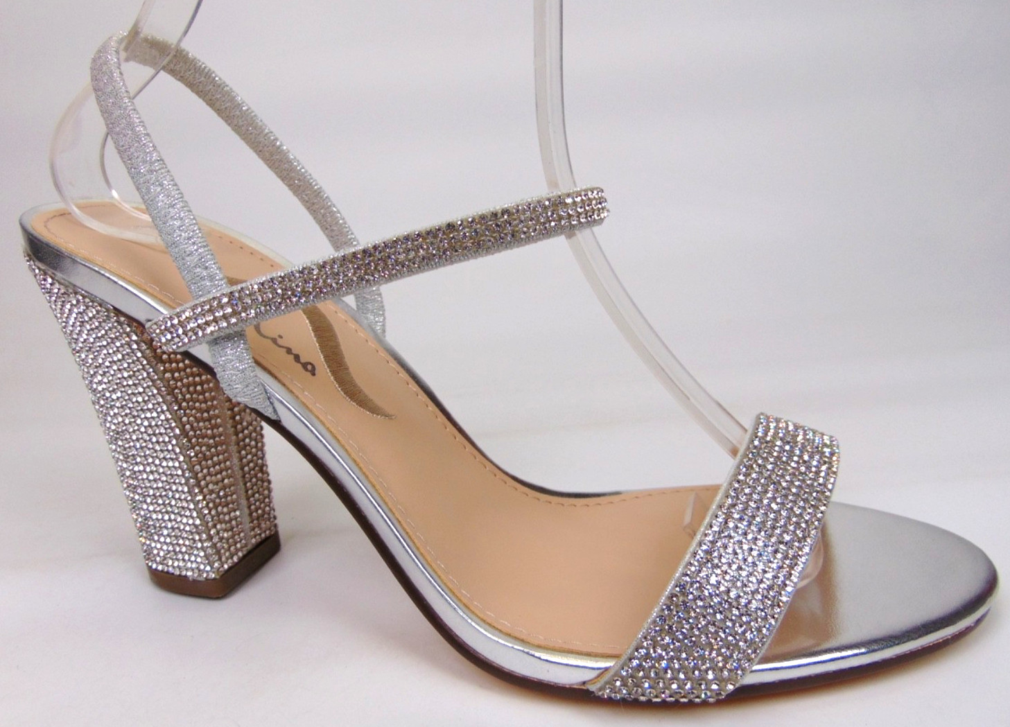 Nina Sanchia Evening Heels Sandals Womens Size 8.0 Med Rhinestone Silver Strappy