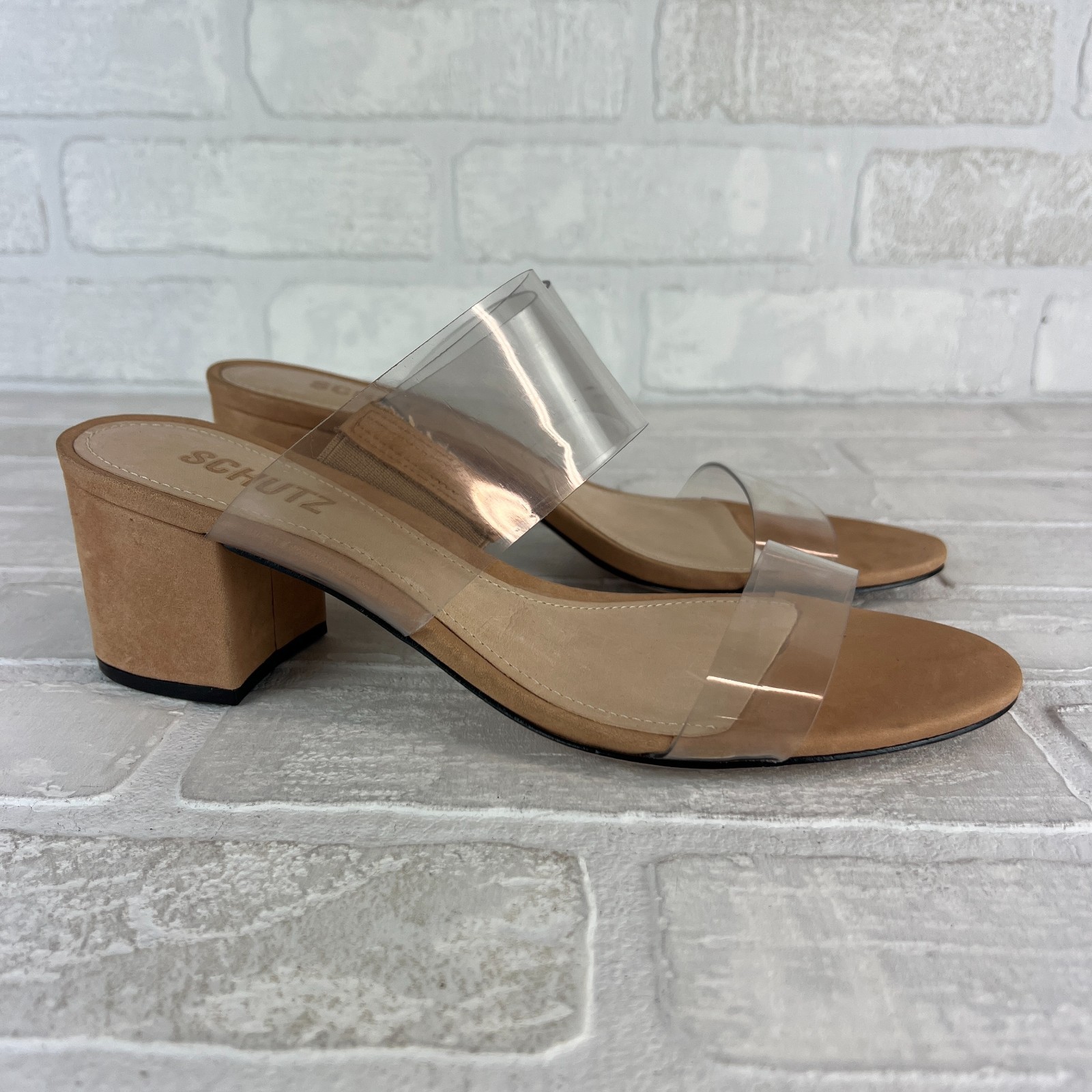 SCHUTZ Heels Victorie Womens 7.5 Nude Transparent 2 Strap Block Heel Sandals B