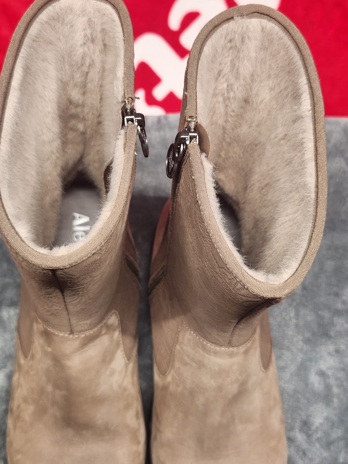 Alegria Womens Taupe Embossed Floral Zip Boots Faux Fur Lined Comfort Lug Sole
