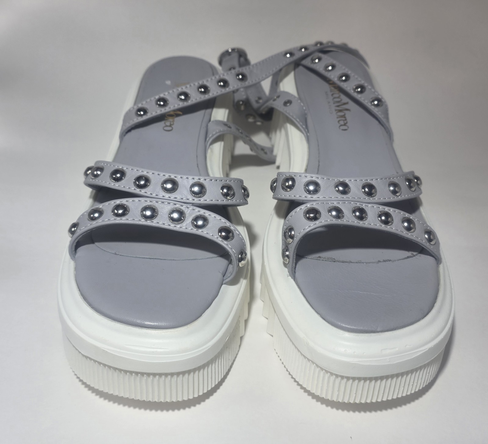 Marco Moreo Made in Italy Platform Sandals EU 39 Gray Studded Ankle Strap Chunky