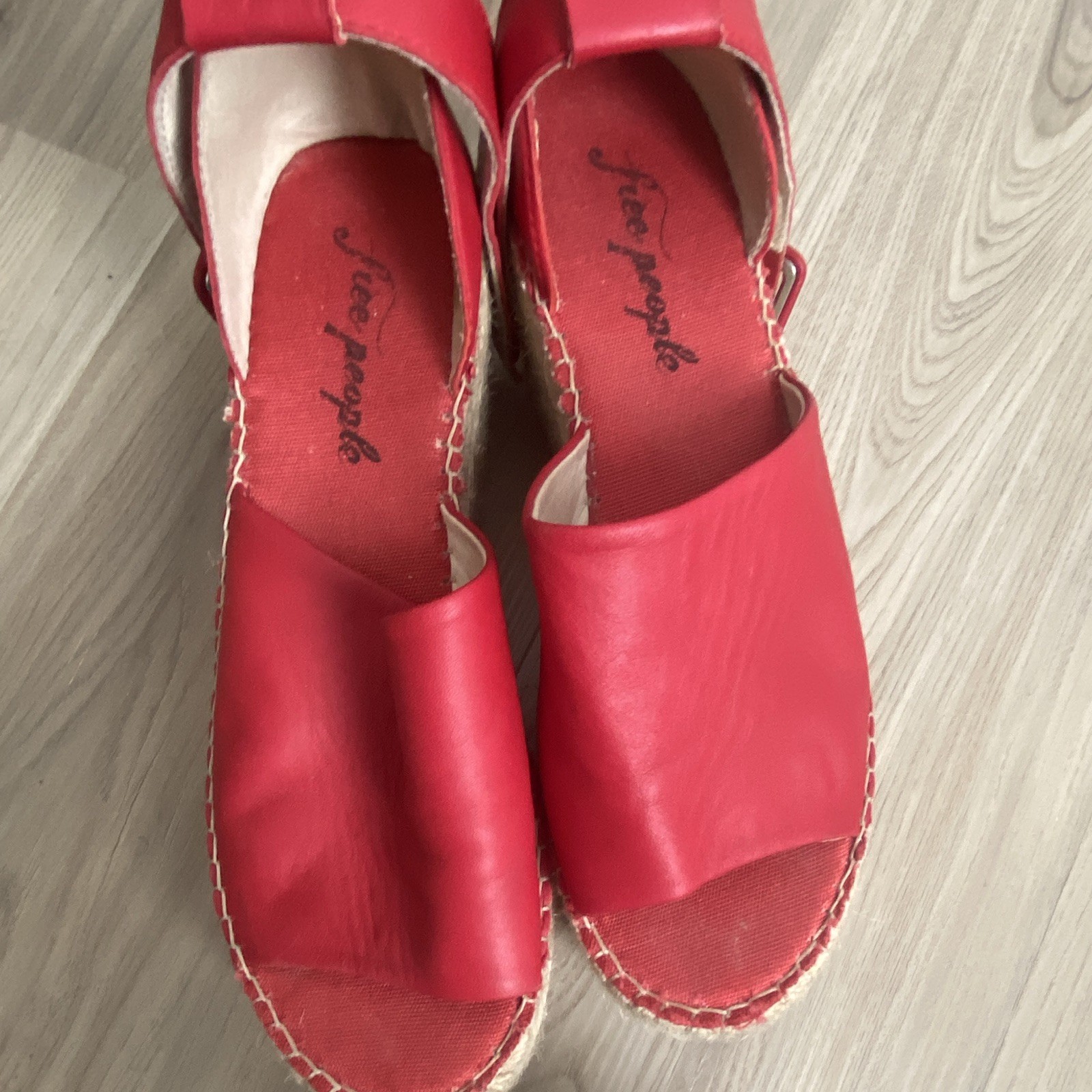 Free People Women’s Red Leather Open Toe Wedge Espadrille Sandals Ankle Strap 8