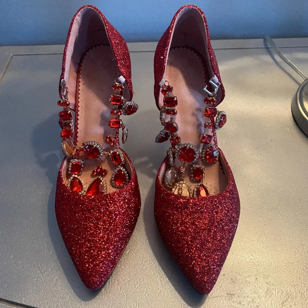 One of a Kind Italian Made Red Glitter Jeweled Rhinestone Skinny 3.5″ Metal Heel
